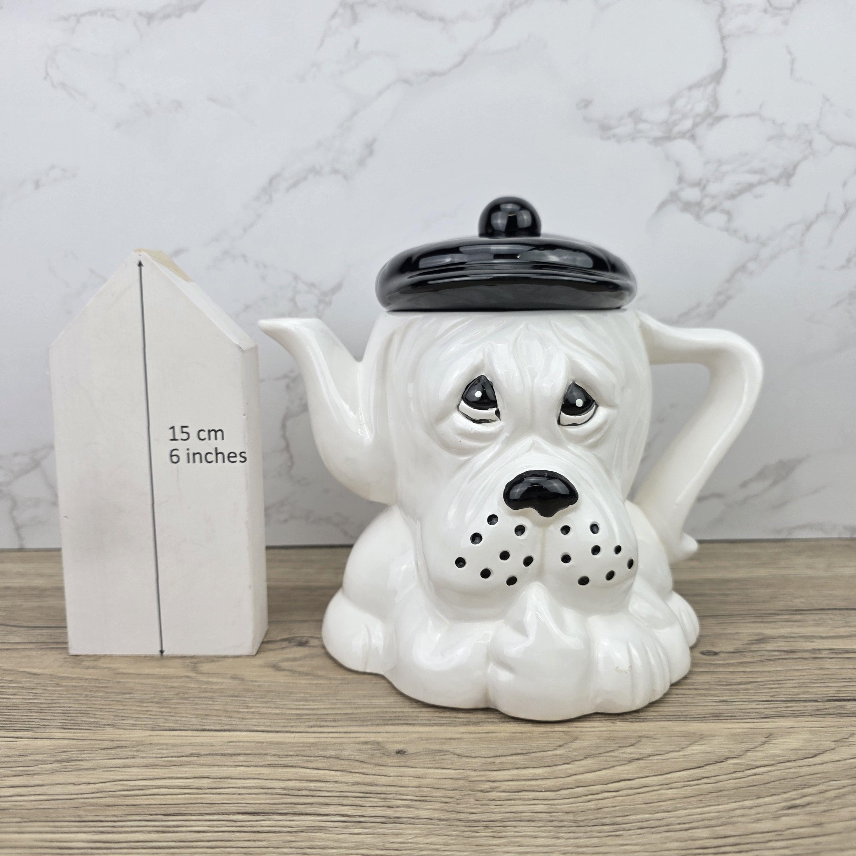 Dog Shaped Ceramic Teapot 1970s White Black Design Vintage Pottery Novelty Kitchen Collectible