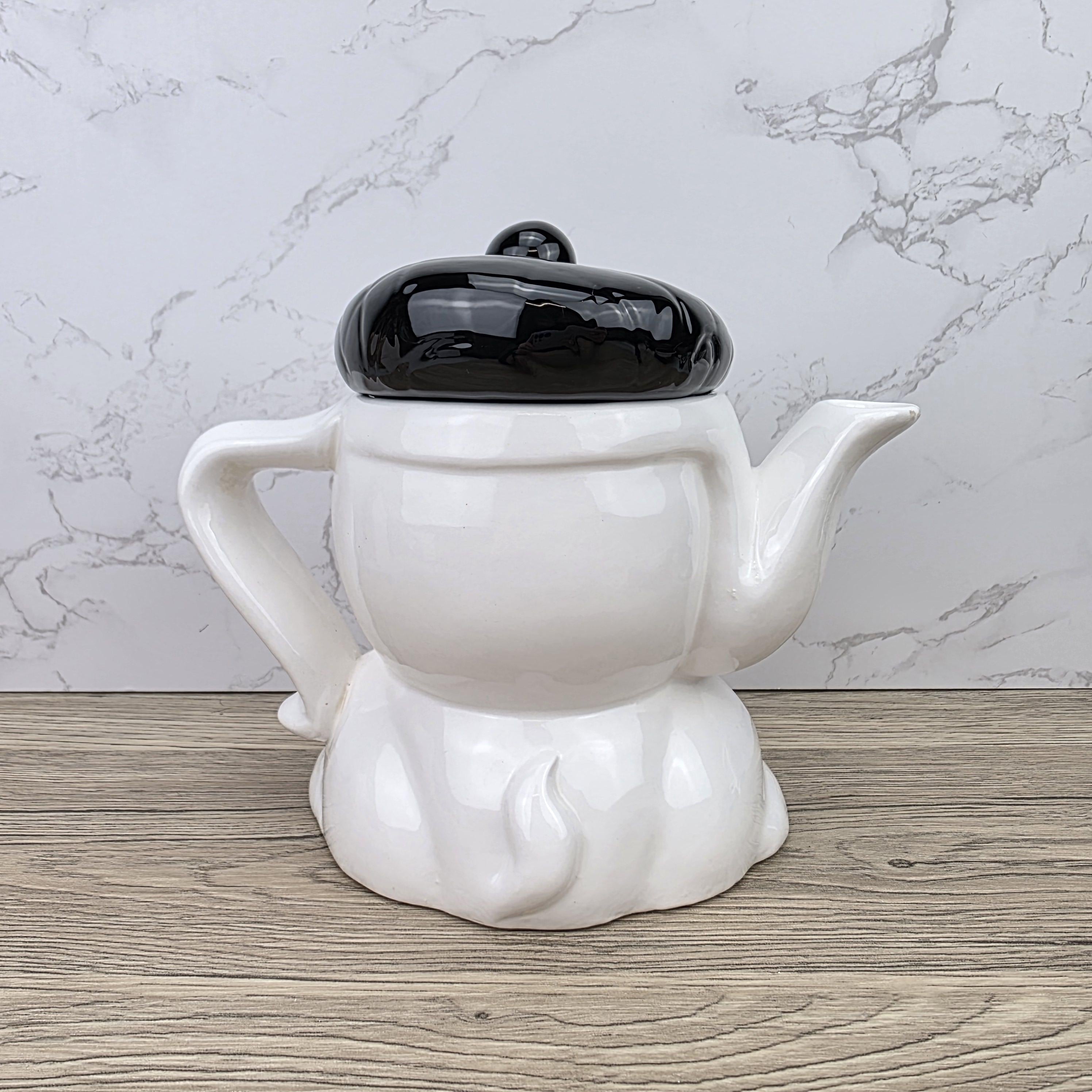 Dog Shaped Ceramic Teapot 1970s White Black Design Vintage Pottery Novelty Kitchen Collectible