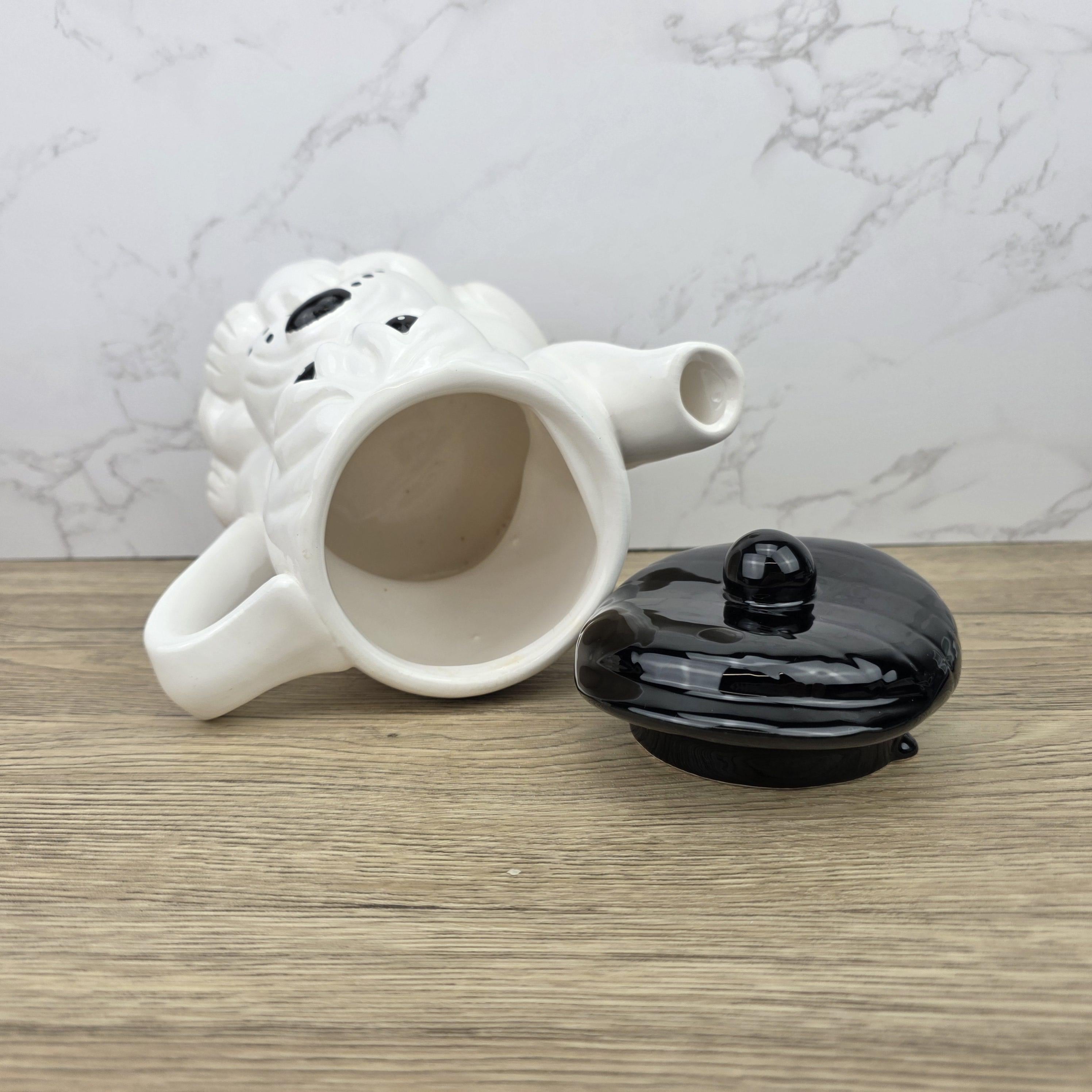 Dog Shaped Ceramic Teapot 1970s White Black Design Vintage Pottery Novelty Kitchen Collectible