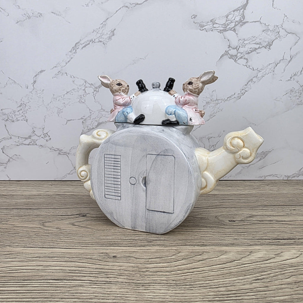 Leonardo Ceramic Bunny Clock Teapot with Wind-Up Detail | Decorative Collectible Display Piece