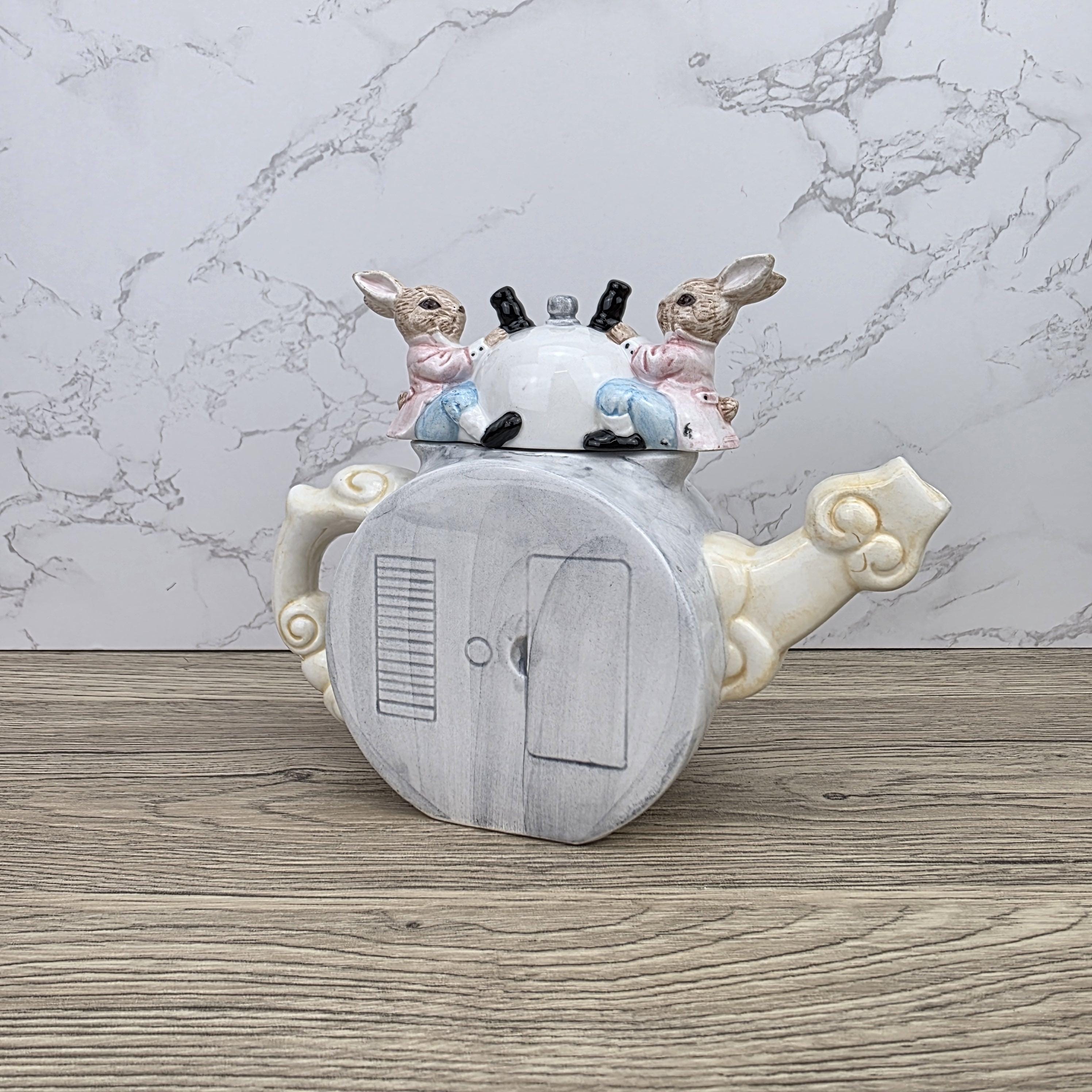Leonardo Ceramic Bunny Clock Teapot with Wind-Up Detail | Decorative Collectible Display Piece