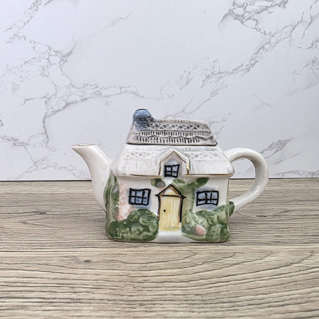 Vintage Cottage House Ceramic Teapot with Garden Details | Decorative Miniature Country Home Pot