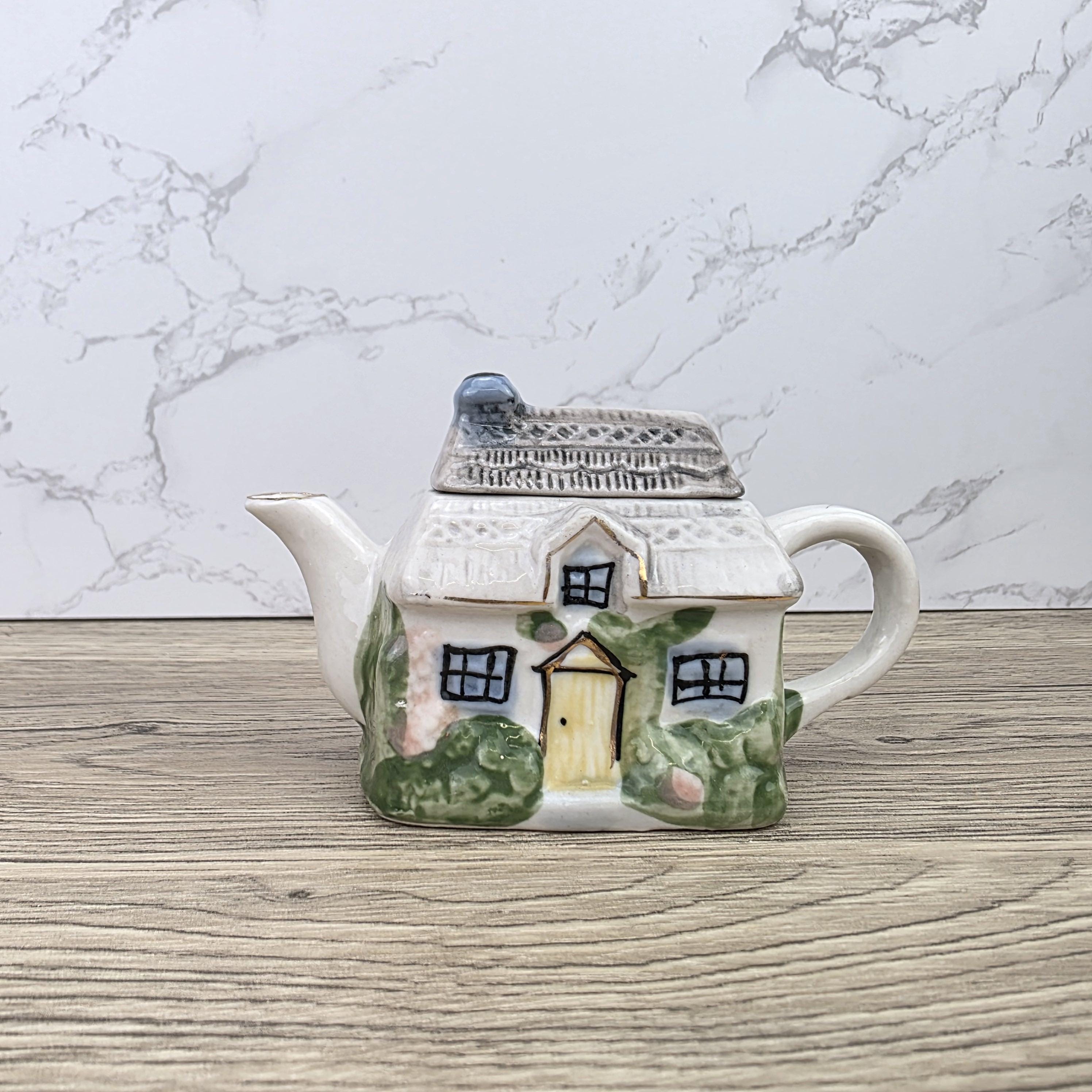 Vintage Cottage House Ceramic Teapot with Garden Details | Decorative Miniature Country Home Pot