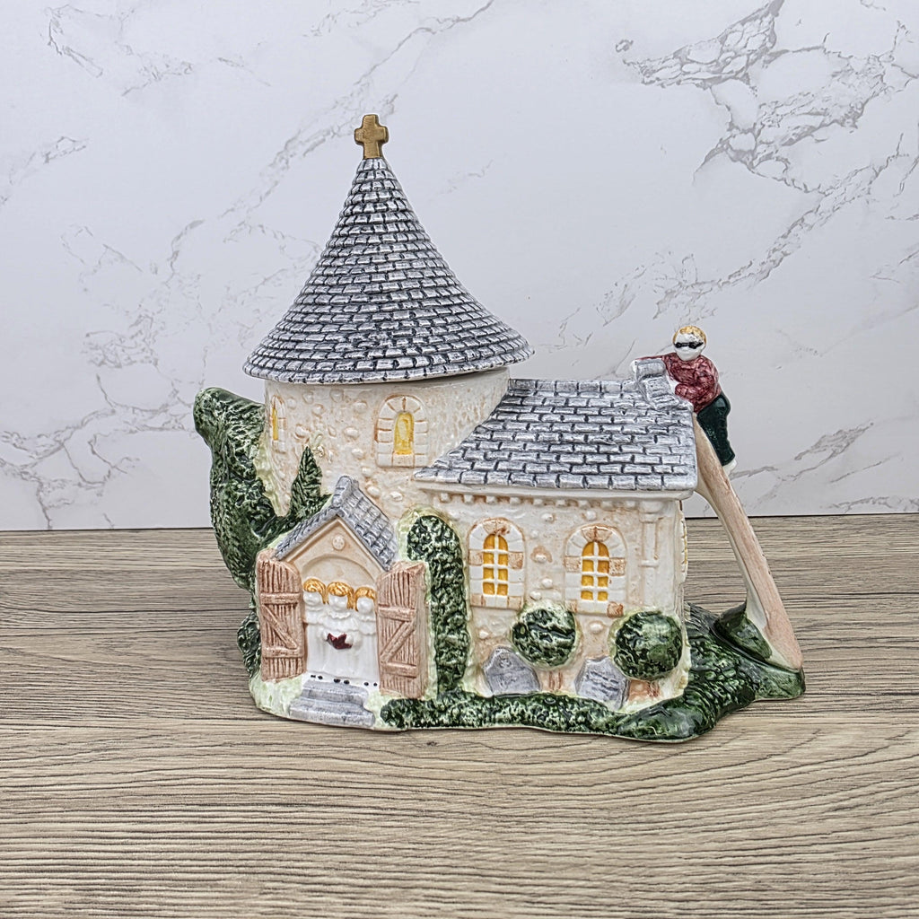 Leonardo Ceramic Church Chapel Teapot with Stone Tower Details | Decorative Collectible Display Piece