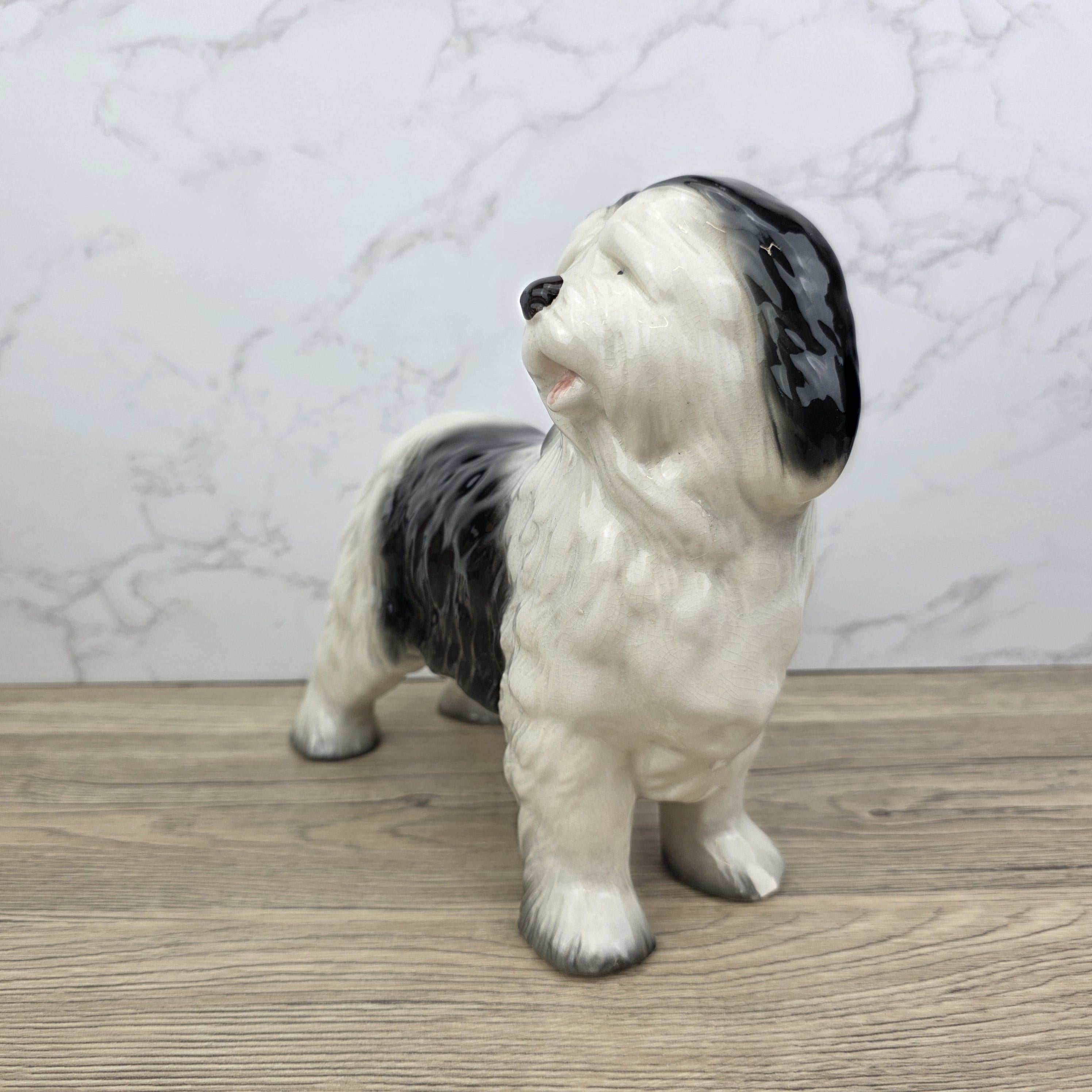 Melbaware Old English Sheepdog Porcelain Figurine Large Vintage Black White Dog Statue Beswick England