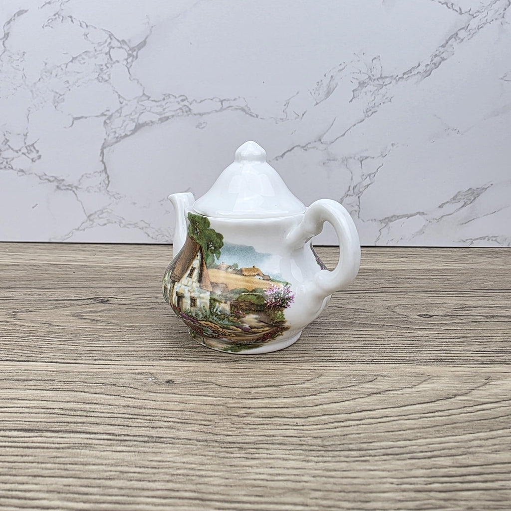 Vintage Cottage Scene Ceramic Teapot with Printed House Artwork | Unbranded Decorative Mini Pottery Teapot