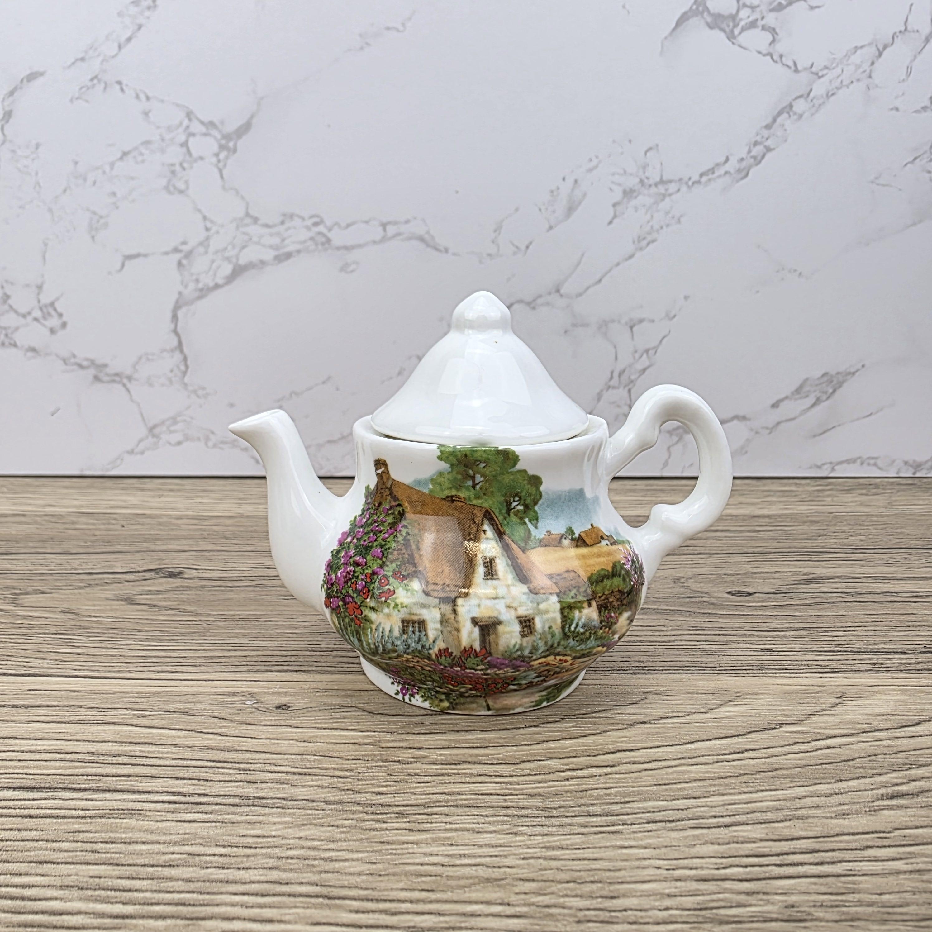 Vintage Cottage Scene Ceramic Teapot with Printed House Artwork | Unbranded Decorative Mini Pottery Teapot