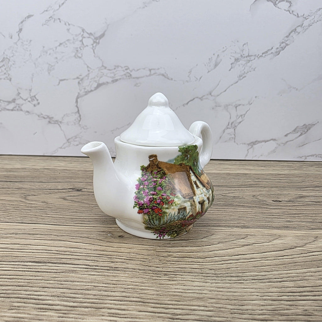 Vintage Cottage Scene Ceramic Teapot with Printed House Artwork | Unbranded Decorative Mini Pottery Teapot
