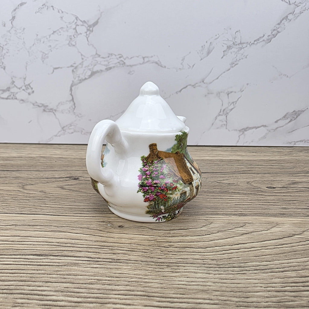 Vintage Cottage Scene Ceramic Teapot with Printed House Artwork | Unbranded Decorative Mini Pottery Teapot