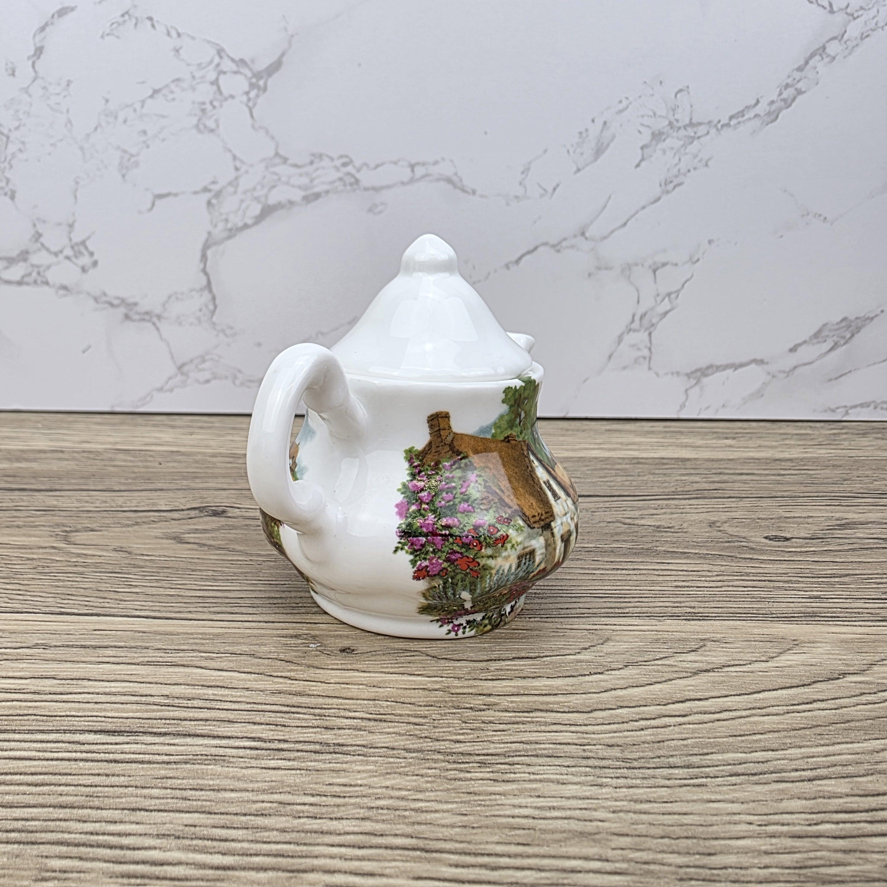 Vintage Cottage Scene Ceramic Teapot with Printed House Artwork | Unbranded Decorative Mini Pottery Teapot