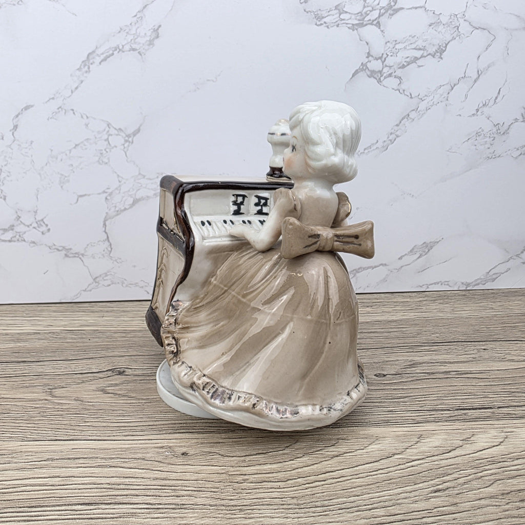 Vintage Ceramic Girl at Piano Music Box Figurine | Hand-Painted Porcelain | Working Melody | 1950s Japan