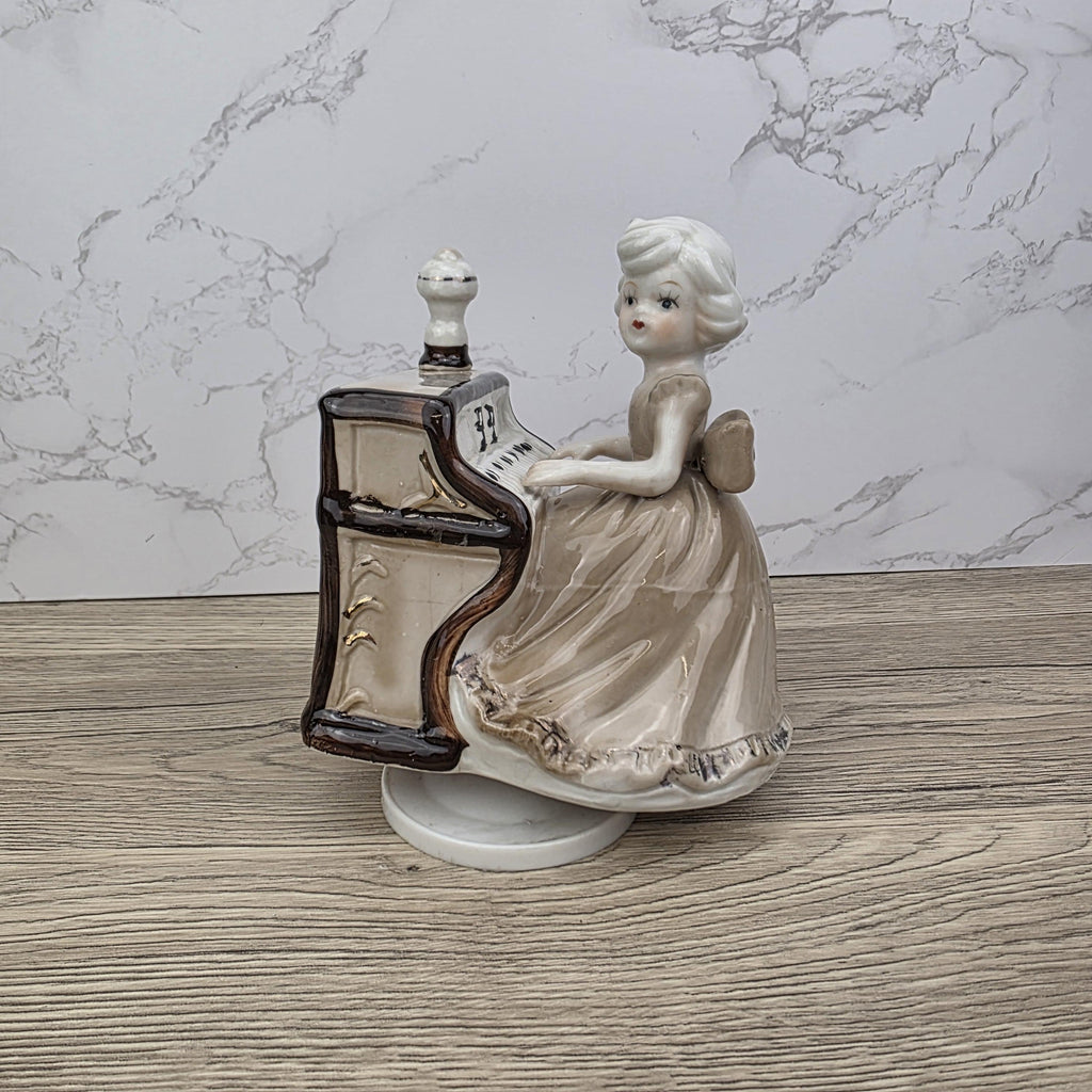 Vintage Ceramic Girl at Piano Music Box Figurine | Hand-Painted Porcelain | Working Melody | 1950s Japan