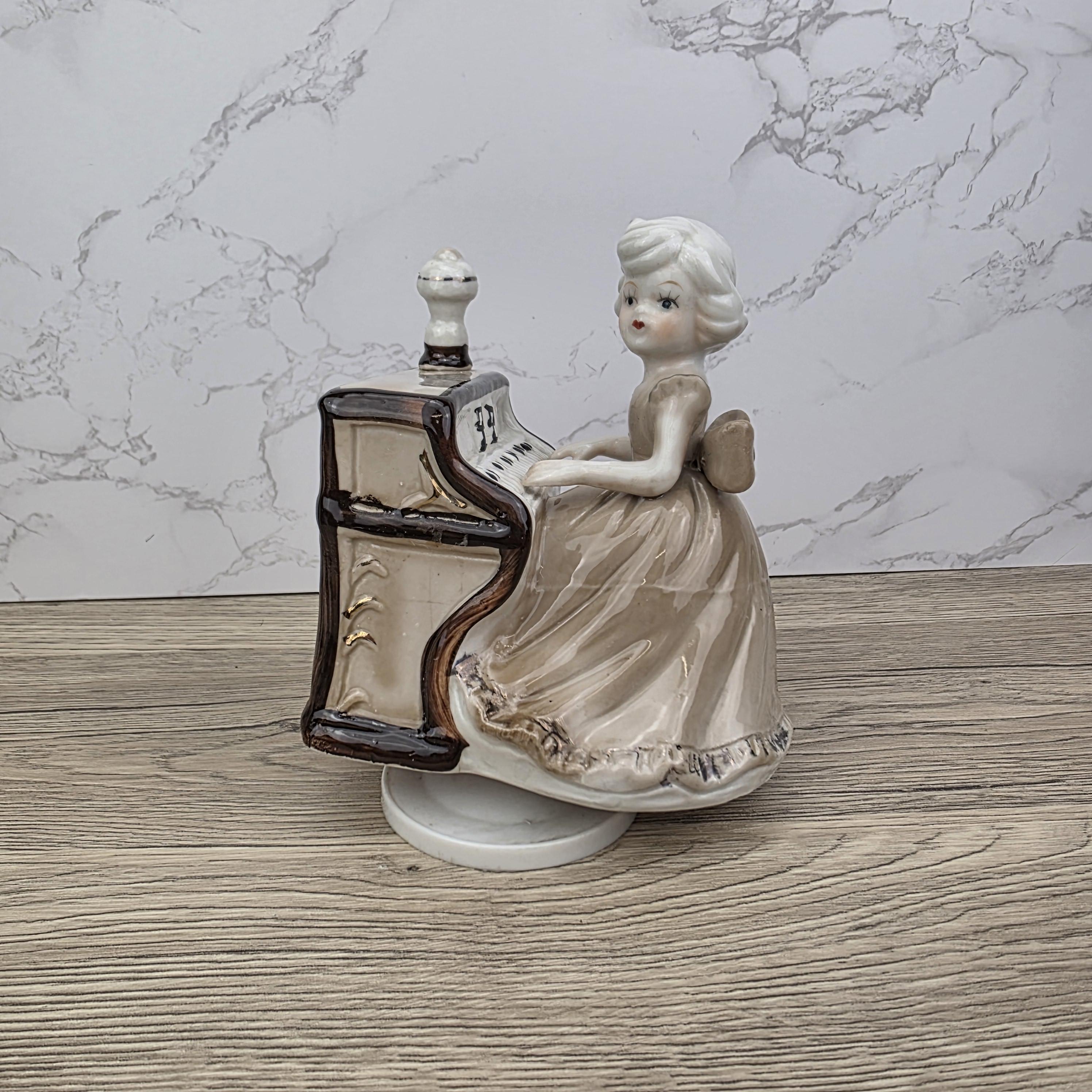 Vintage Ceramic Girl at Piano Music Box Figurine | Hand-Painted Porcelain | Working Melody | 1950s Japan