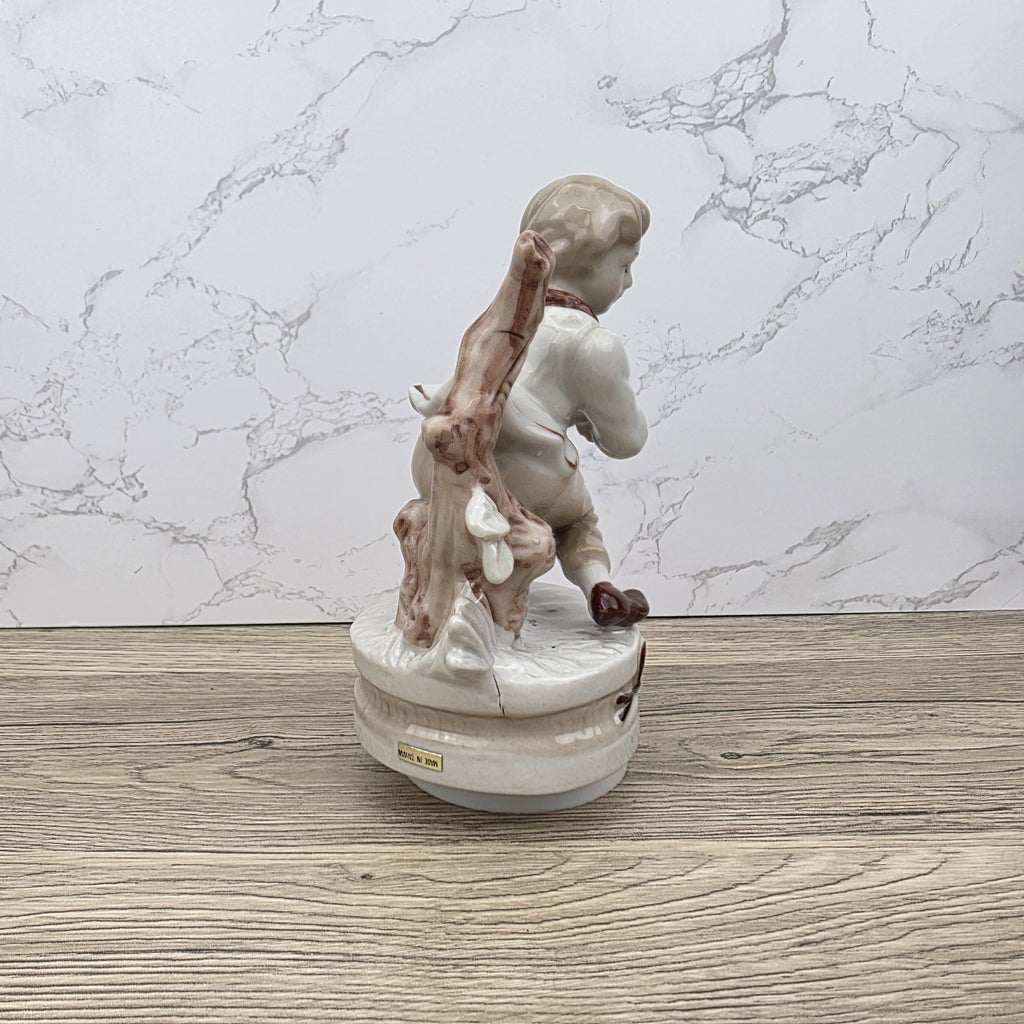 Vintage Ceramic Boy with Bird Music Box Figurine | Hand-Painted Porcelain | Working Melody | 1960s Japan