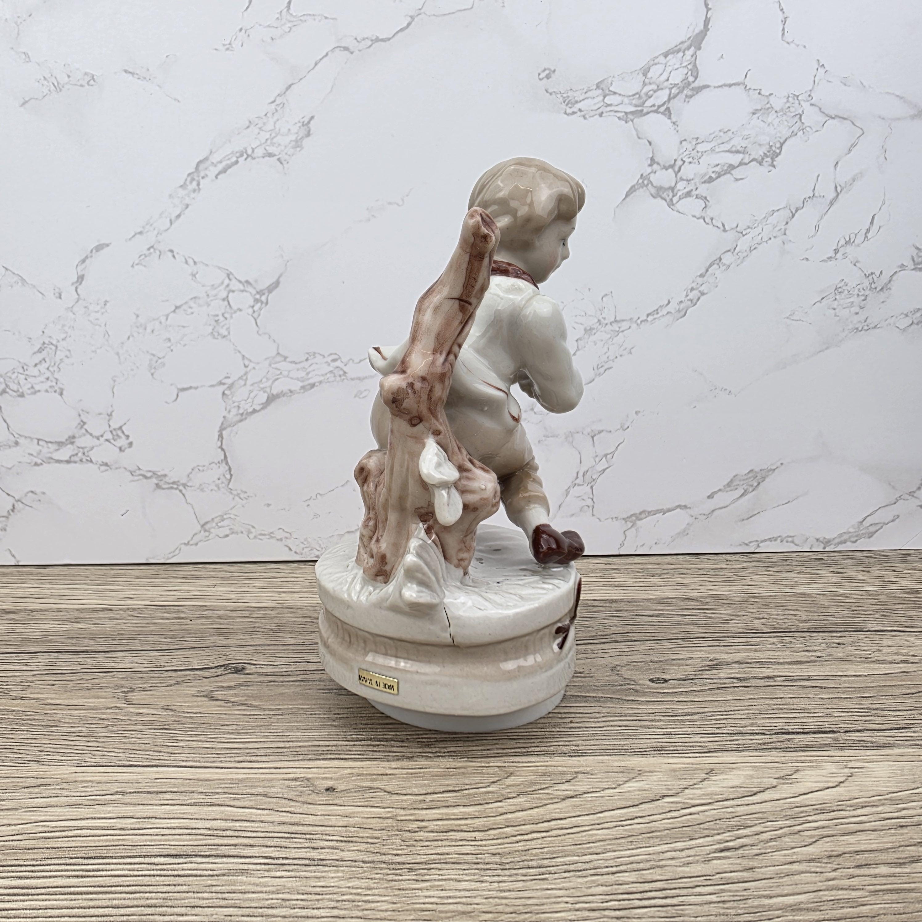 Vintage Ceramic Boy with Bird Music Box Figurine | Hand-Painted Porcelain | Working Melody | 1960s Japan