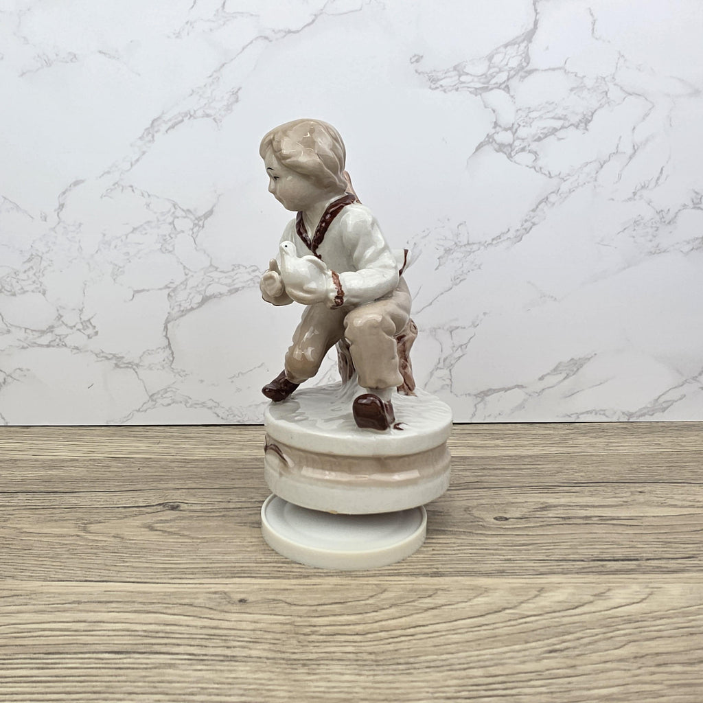 Vintage Ceramic Boy with Bird Music Box Figurine | Hand-Painted Porcelain | Working Melody | 1960s Japan