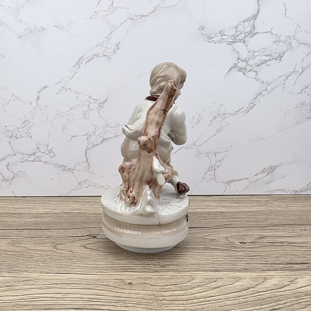 Vintage Ceramic Boy with Bird Music Box Figurine | Hand-Painted Porcelain | Working Melody | 1960s Japan