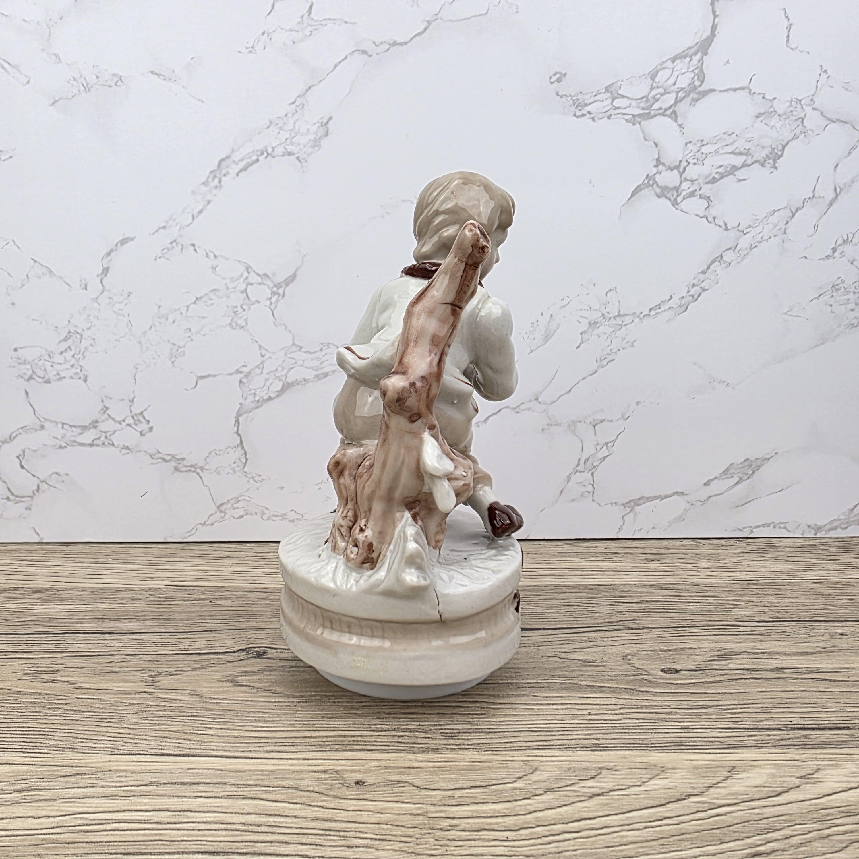 Vintage Ceramic Boy with Bird Music Box Figurine | Hand-Painted Porcelain | Working Melody | 1960s Japan