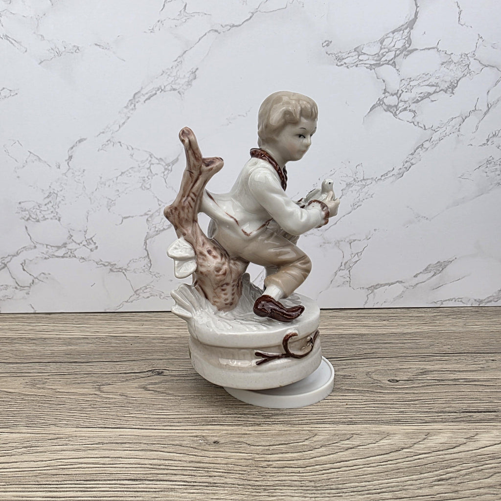 Vintage Ceramic Boy with Bird Music Box Figurine | Hand-Painted Porcelain | Working Melody | 1960s Japan