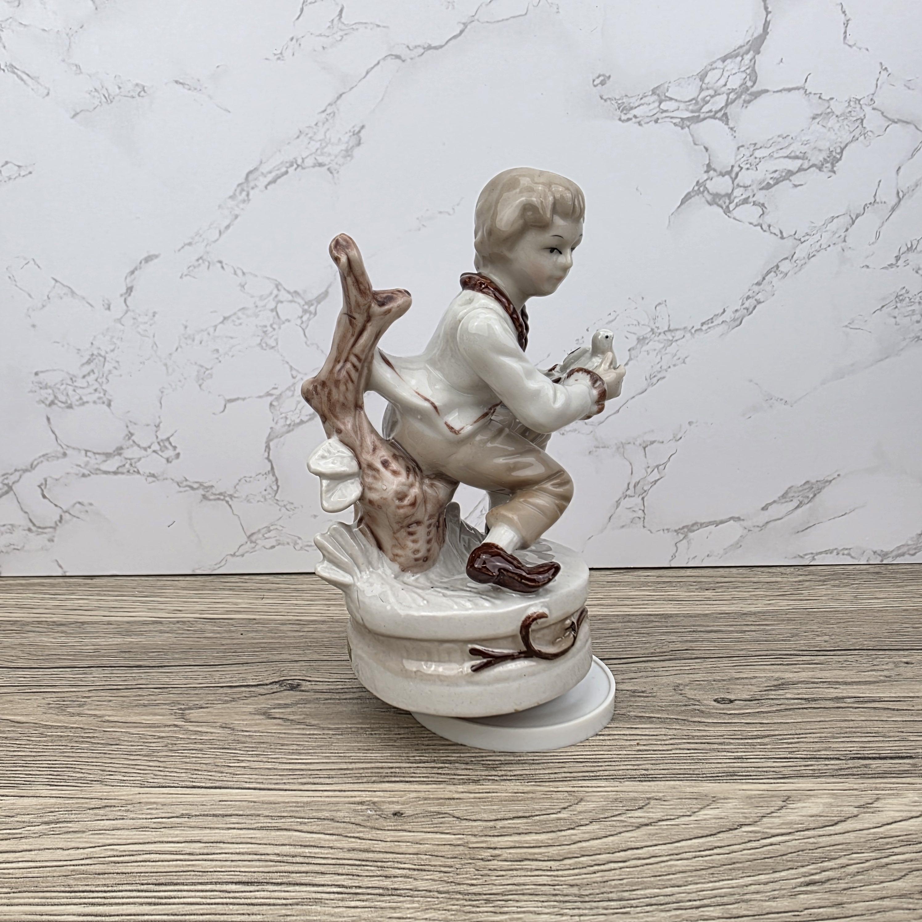 Vintage Ceramic Boy with Bird Music Box Figurine | Hand-Painted Porcelain | Working Melody | 1960s Japan