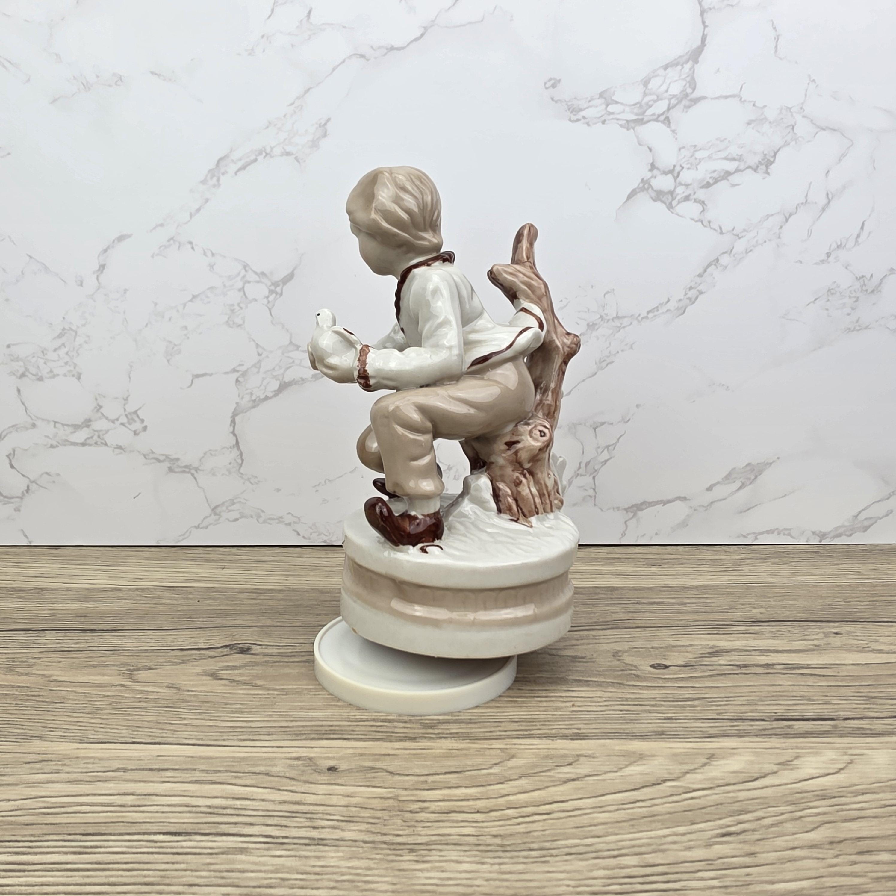 Vintage Ceramic Boy with Bird Music Box Figurine | Hand-Painted Porcelain | Working Melody | 1960s Japan
