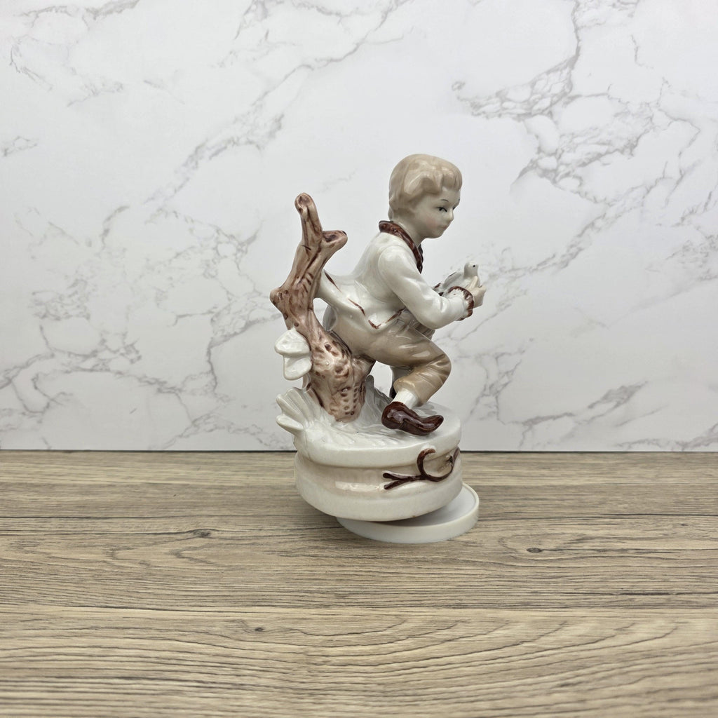 Vintage Ceramic Boy with Bird Music Box Figurine | Hand-Painted Porcelain | Working Melody | 1960s Japan