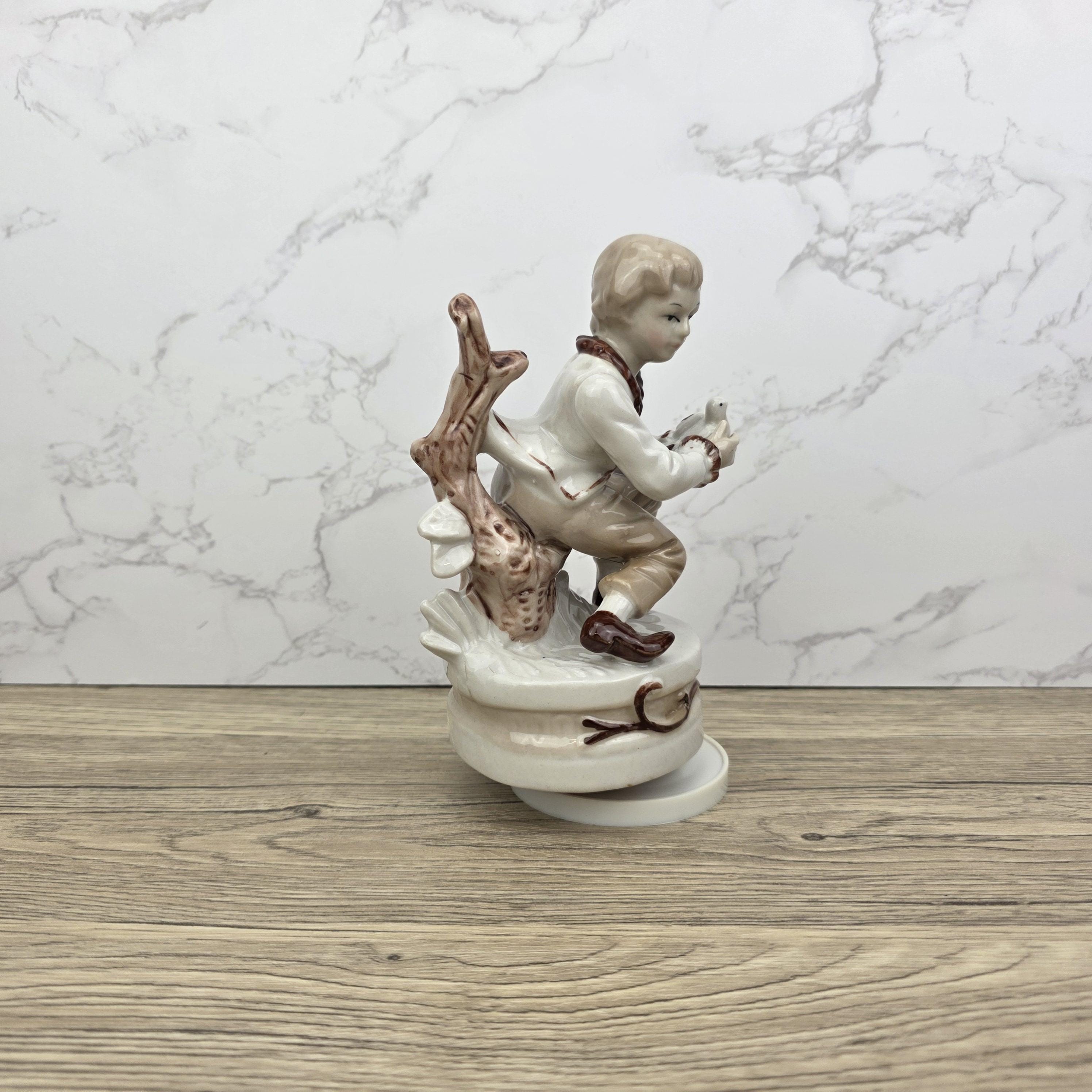 Vintage Ceramic Boy with Bird Music Box Figurine | Hand-Painted Porcelain | Working Melody | 1960s Japan