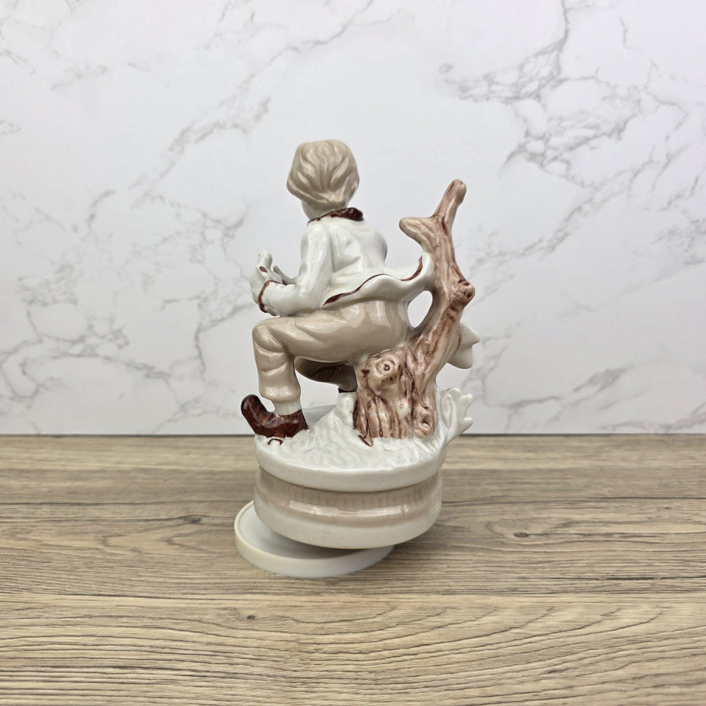 Vintage Ceramic Boy with Bird Music Box Figurine | Hand-Painted Porcelain | Working Melody | 1960s Japan