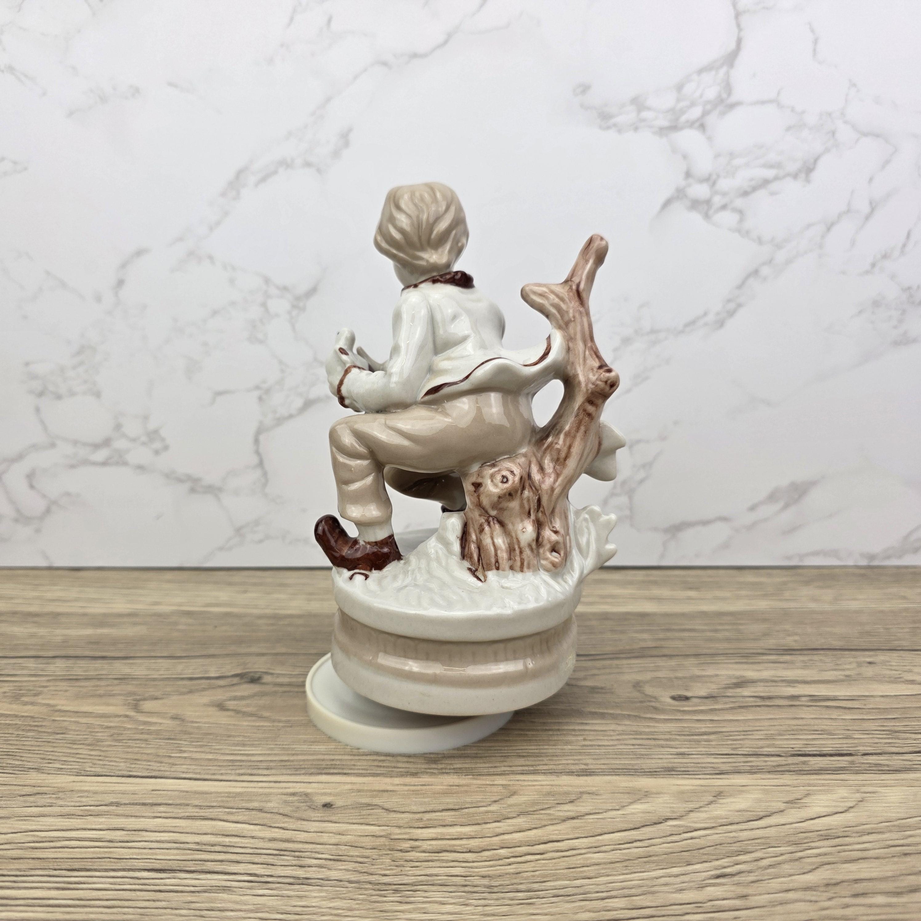 Vintage Ceramic Boy with Bird Music Box Figurine | Hand-Painted Porcelain | Working Melody | 1960s Japan