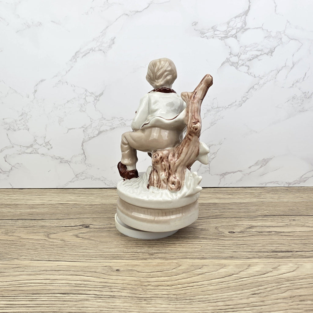 Vintage Ceramic Boy with Bird Music Box Figurine | Hand-Painted Porcelain | Working Melody | 1960s Japan