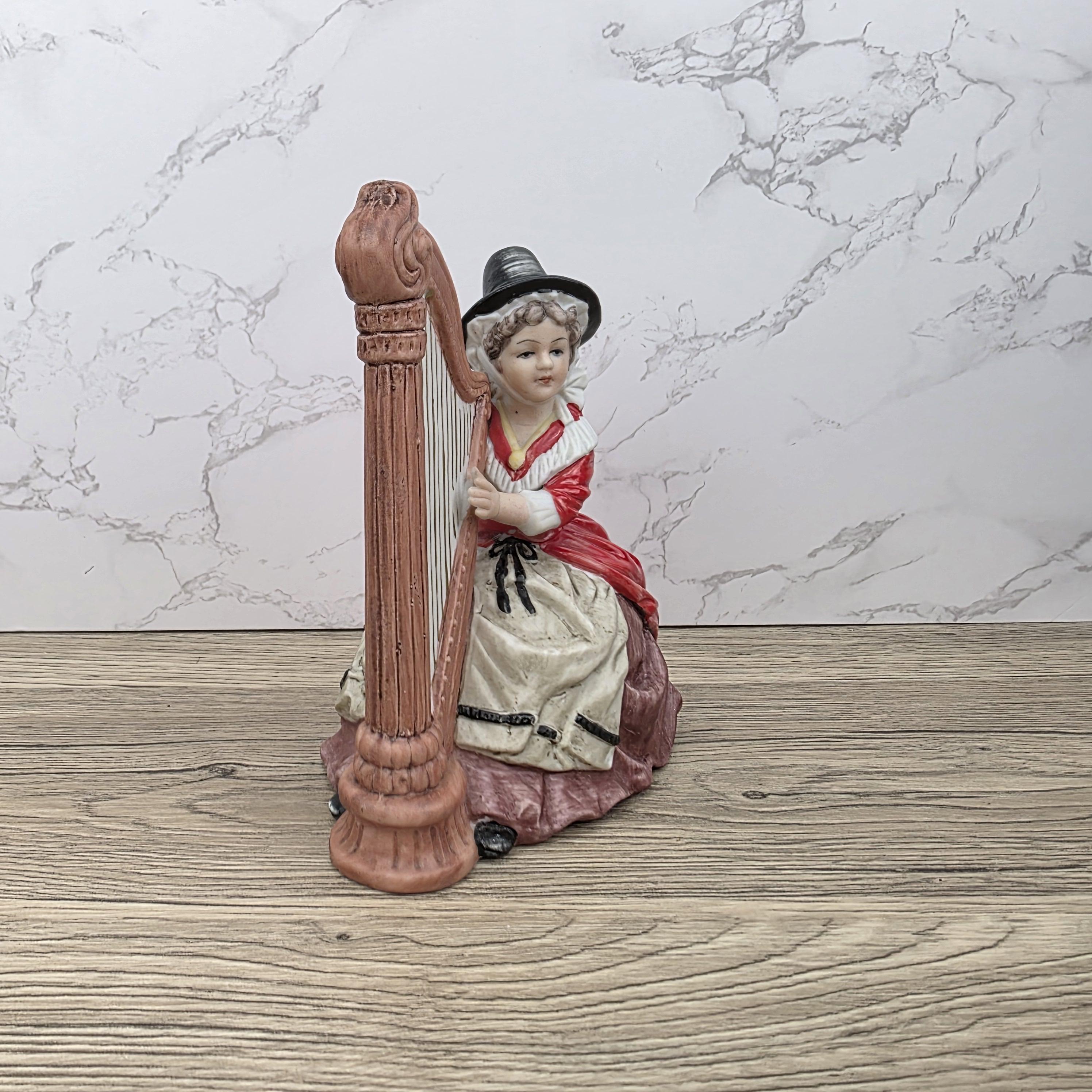 Vintage Harp Player Lady Figurine | Ceramic Music Box | Hand-Painted Victorian Style Woman with Harp