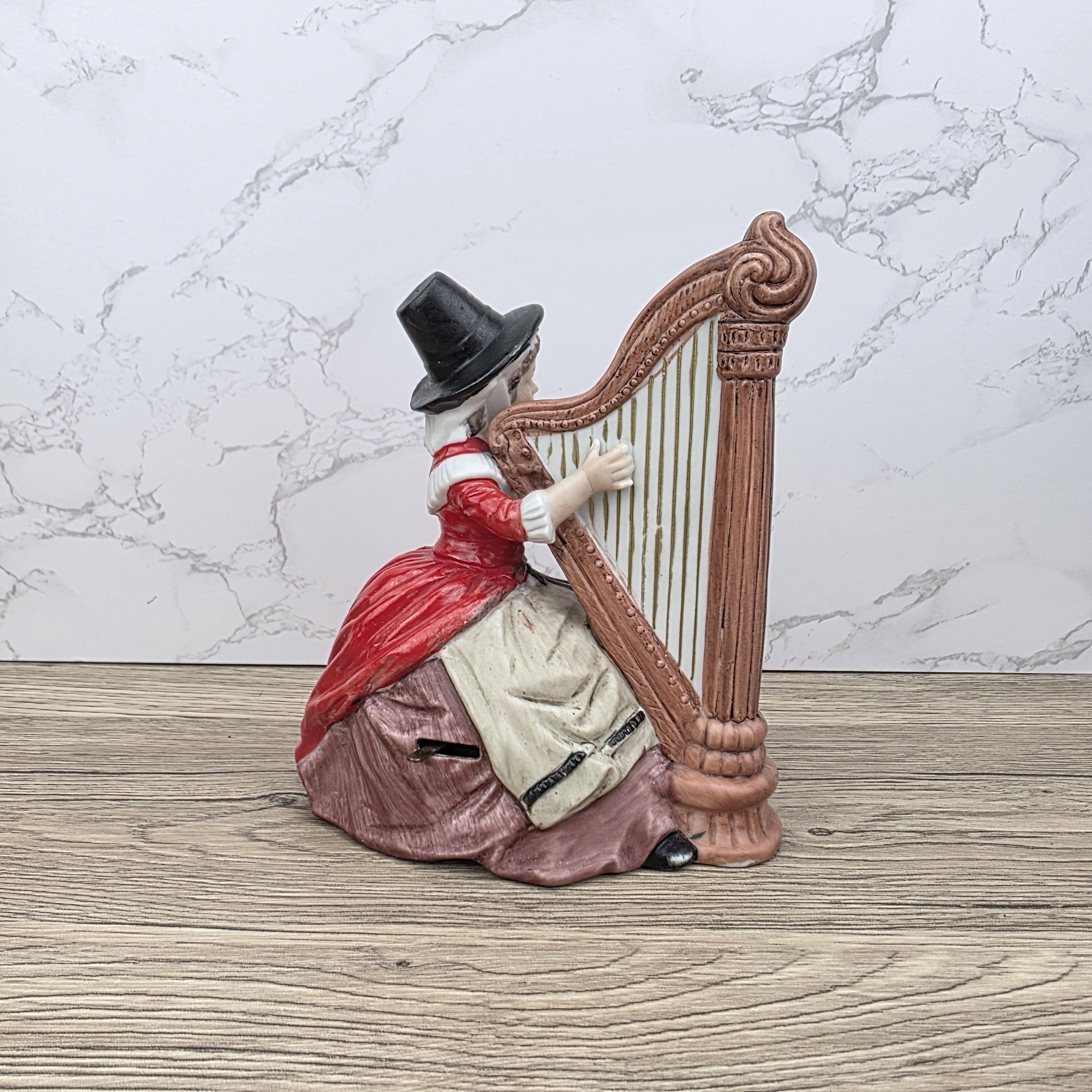 Vintage Harp Player Lady Figurine | Ceramic Music Box | Hand-Painted Victorian Style Woman with Harp