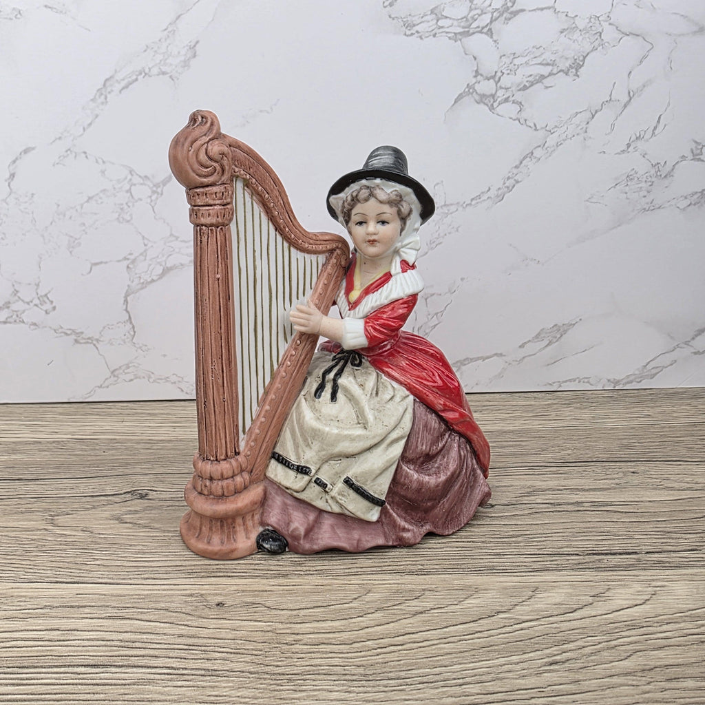 Vintage Harp Player Lady Figurine | Ceramic Music Box | Hand-Painted Victorian Style Woman with Harp