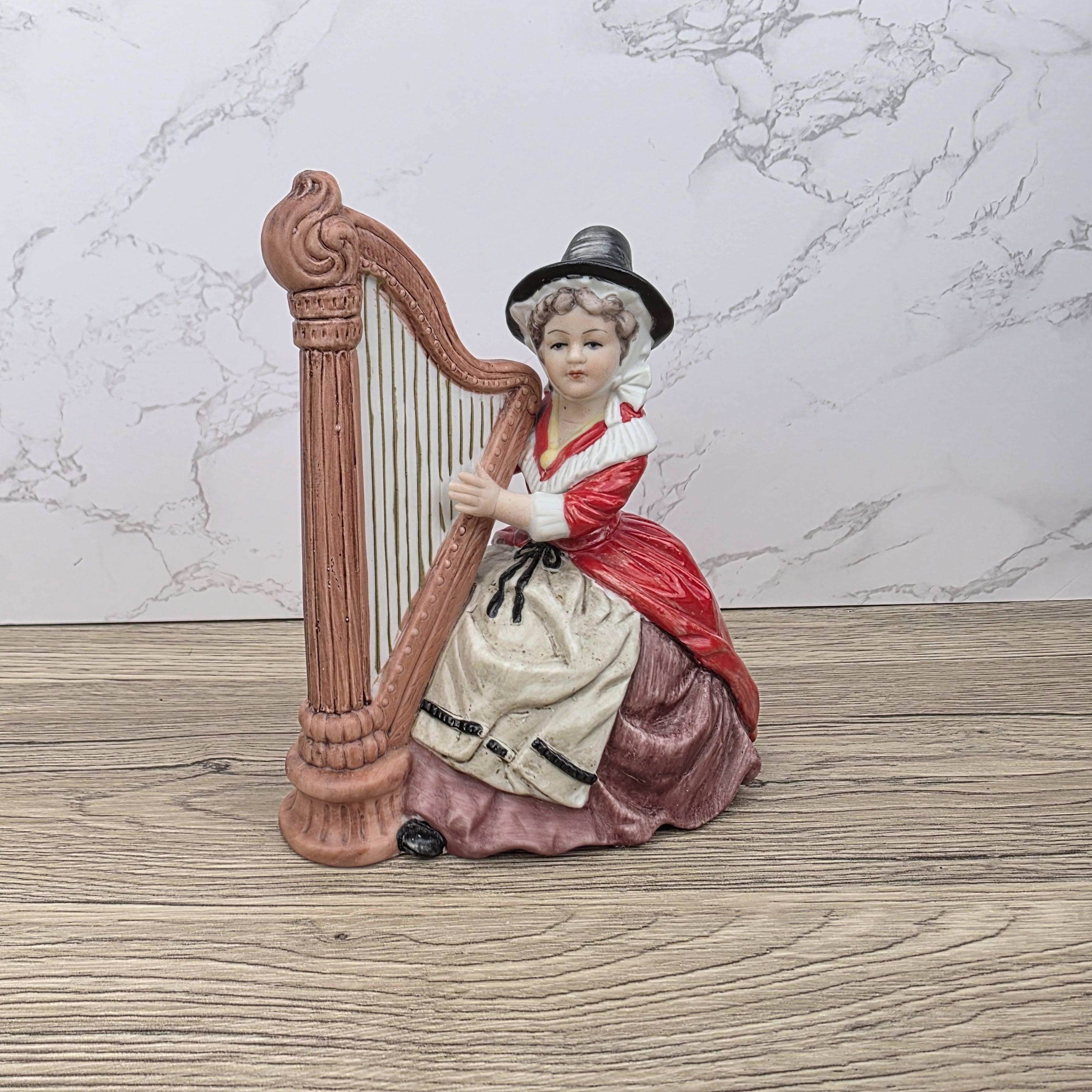 Vintage Harp Player Lady Figurine | Ceramic Music Box | Hand-Painted Victorian Style Woman with Harp