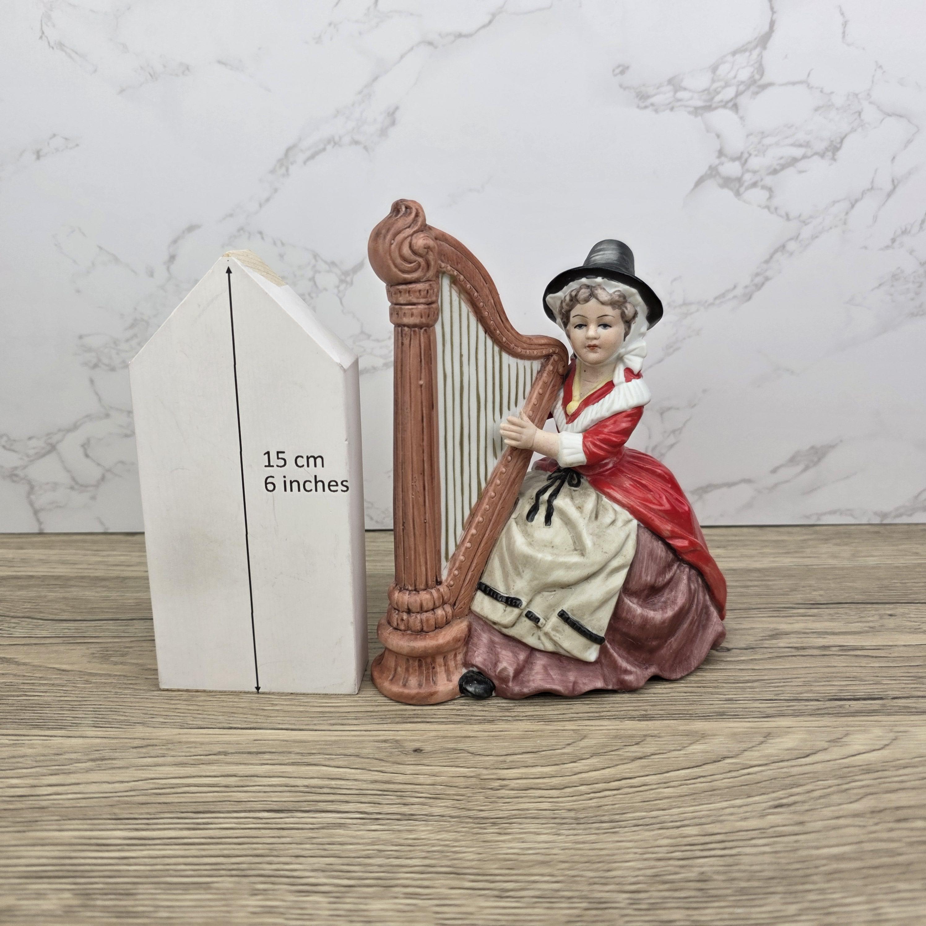 Vintage Harp Player Lady Figurine | Ceramic Music Box | Hand-Painted Victorian Style Woman with Harp