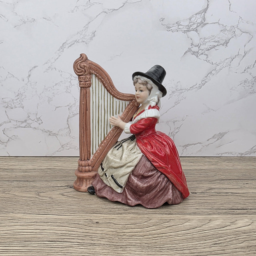 Vintage Harp Player Lady Figurine | Ceramic Music Box | Hand-Painted Victorian Style Woman with Harp