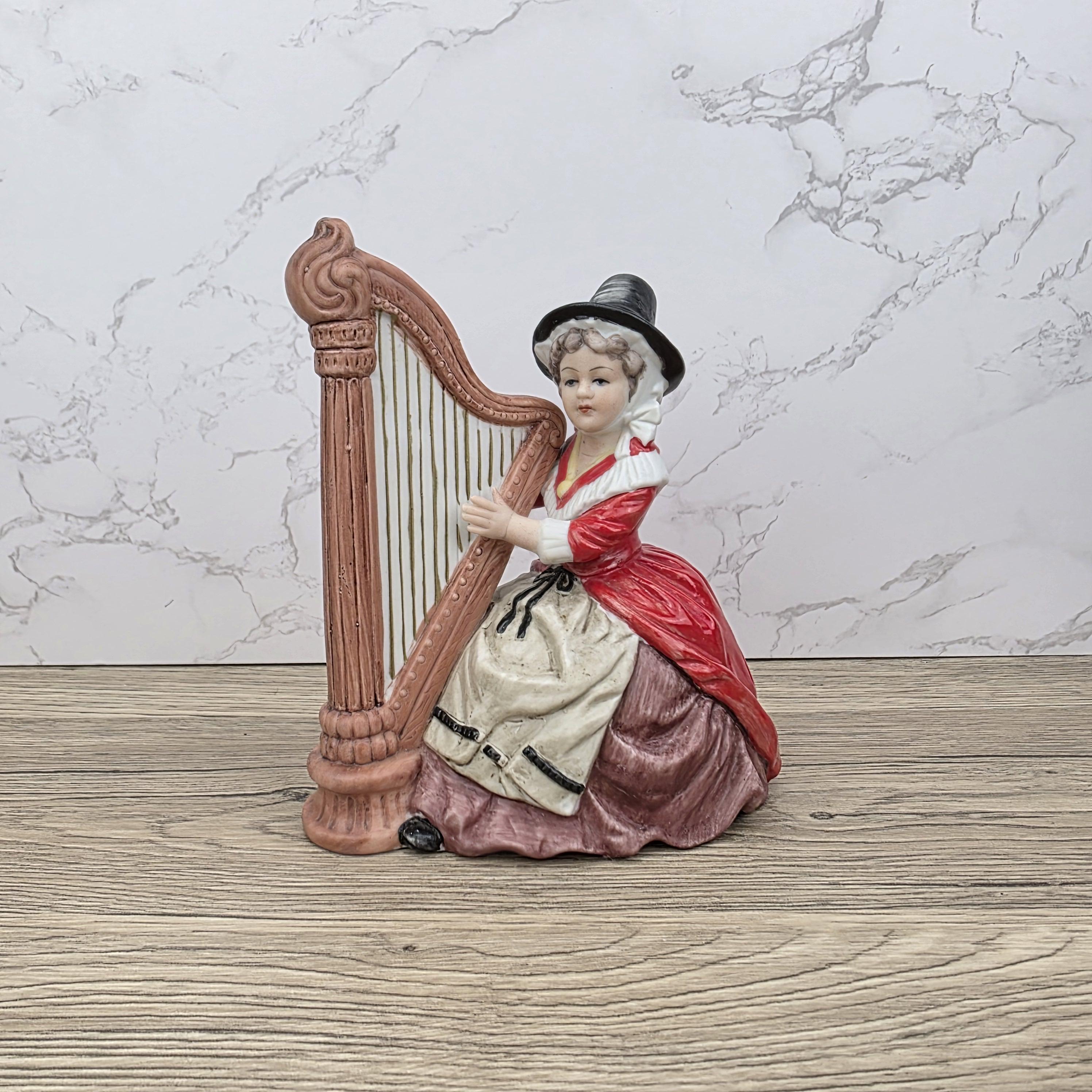 Vintage Harp Player Lady Figurine | Ceramic Music Box | Hand-Painted Victorian Style Woman with Harp