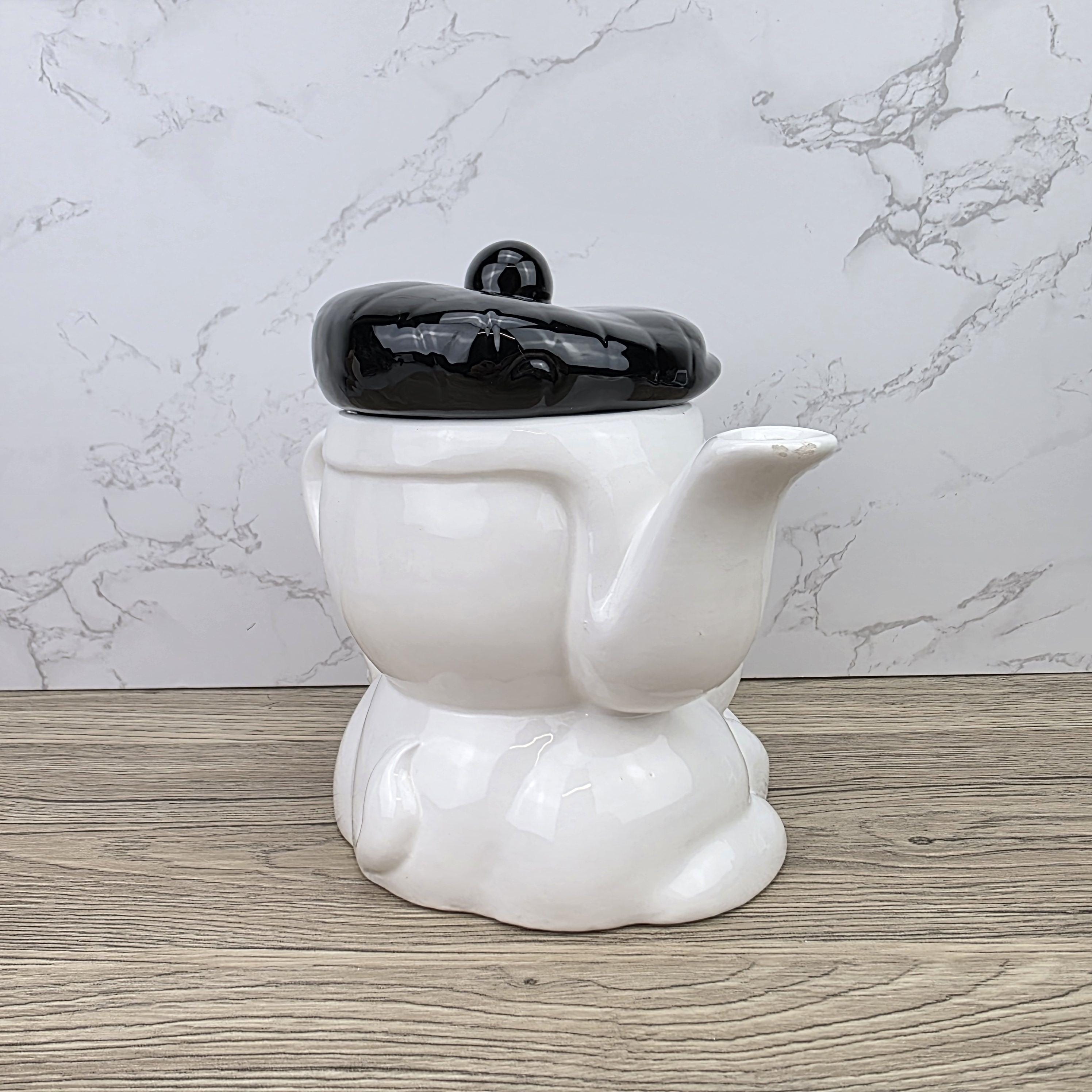 Dog Shaped Ceramic Teapot 1970s White Black Design Vintage Pottery Novelty Kitchen Collectible