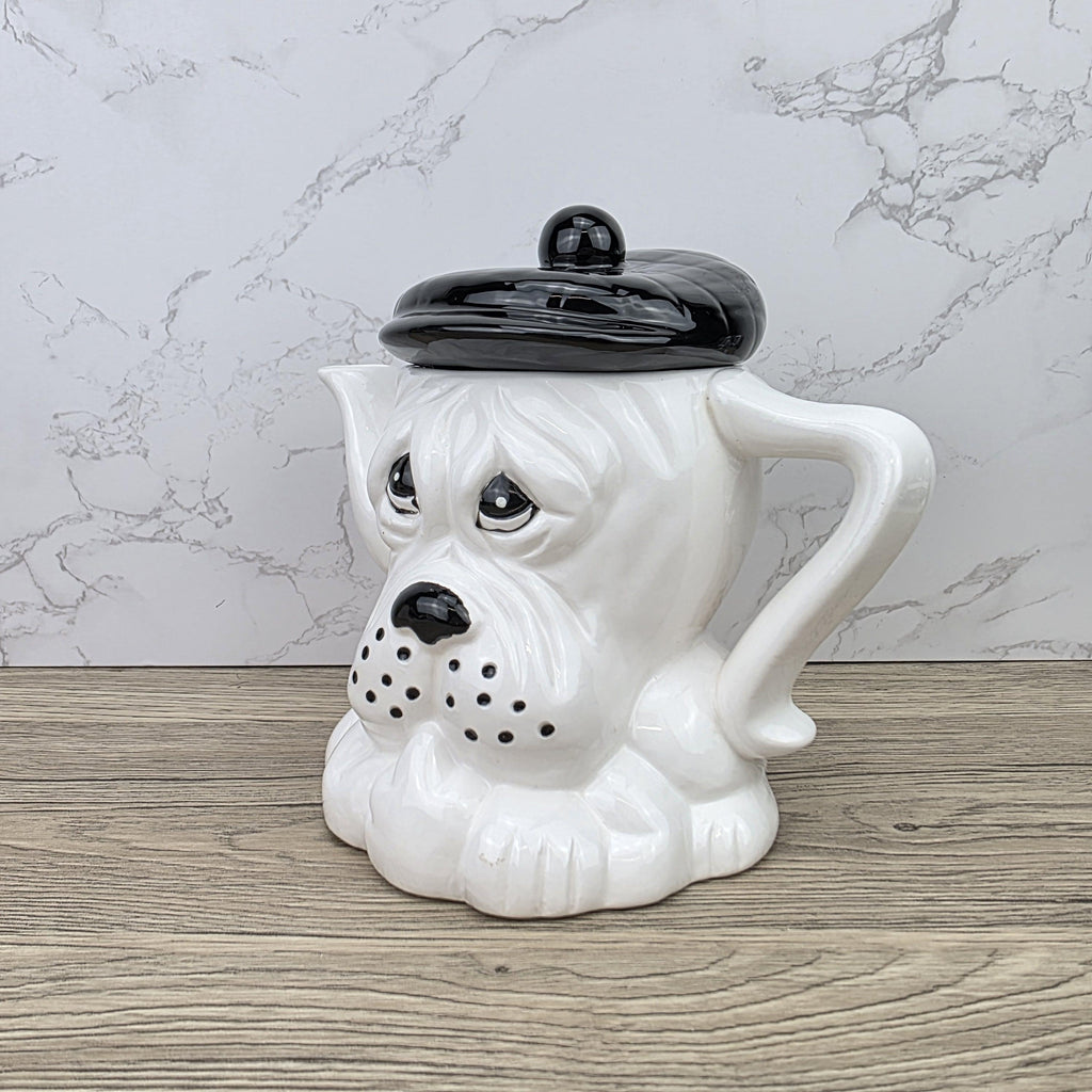 Dog Shaped Ceramic Teapot 1970s White Black Design Vintage Pottery Novelty Kitchen Collectible