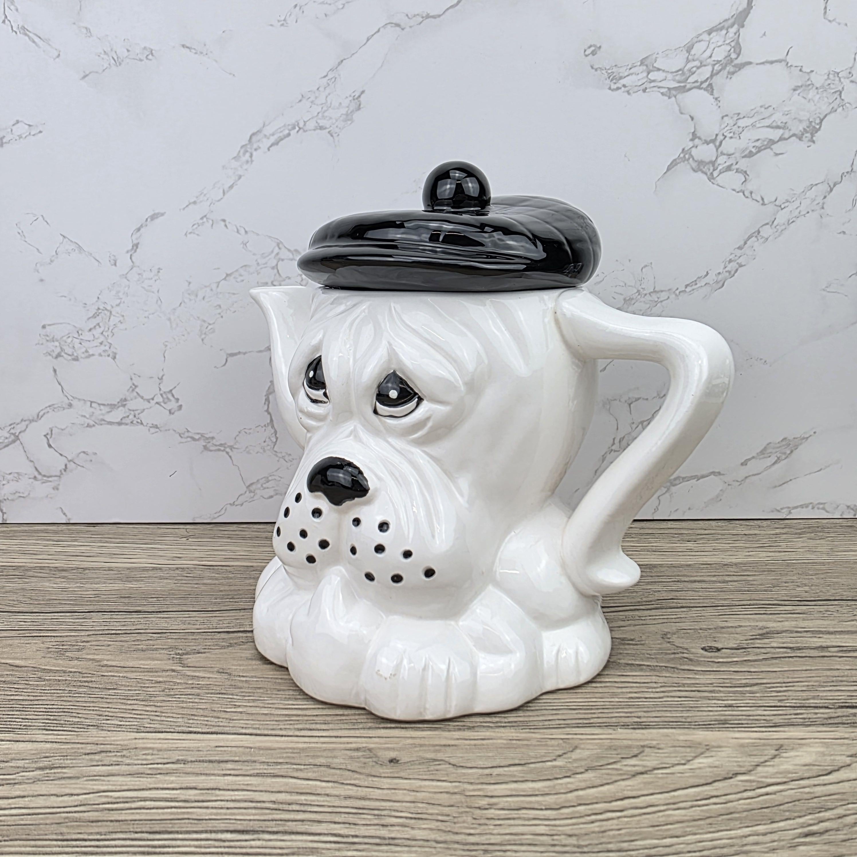 Dog Shaped Ceramic Teapot 1970s White Black Design Vintage Pottery Novelty Kitchen Collectible