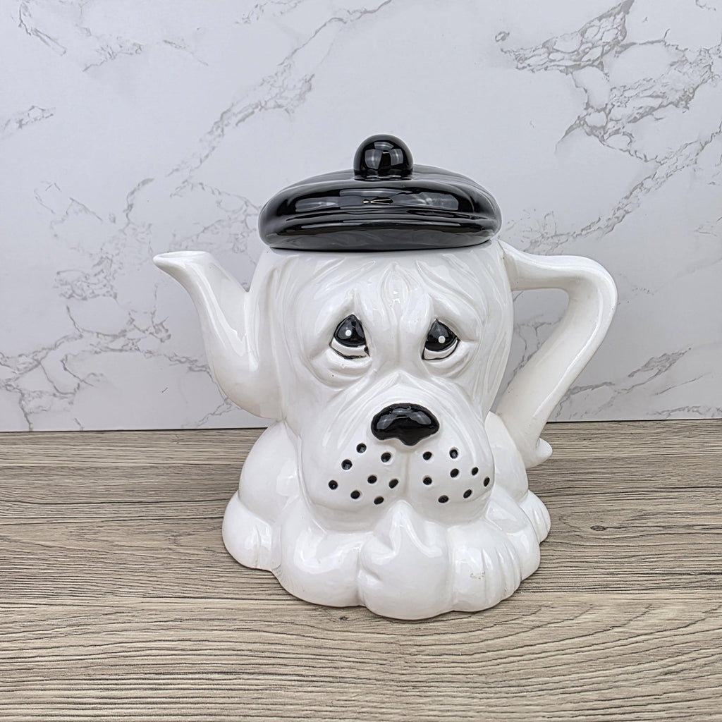 Dog Shaped Ceramic Teapot 1970s White Black Design Vintage Pottery Novelty Kitchen Collectible