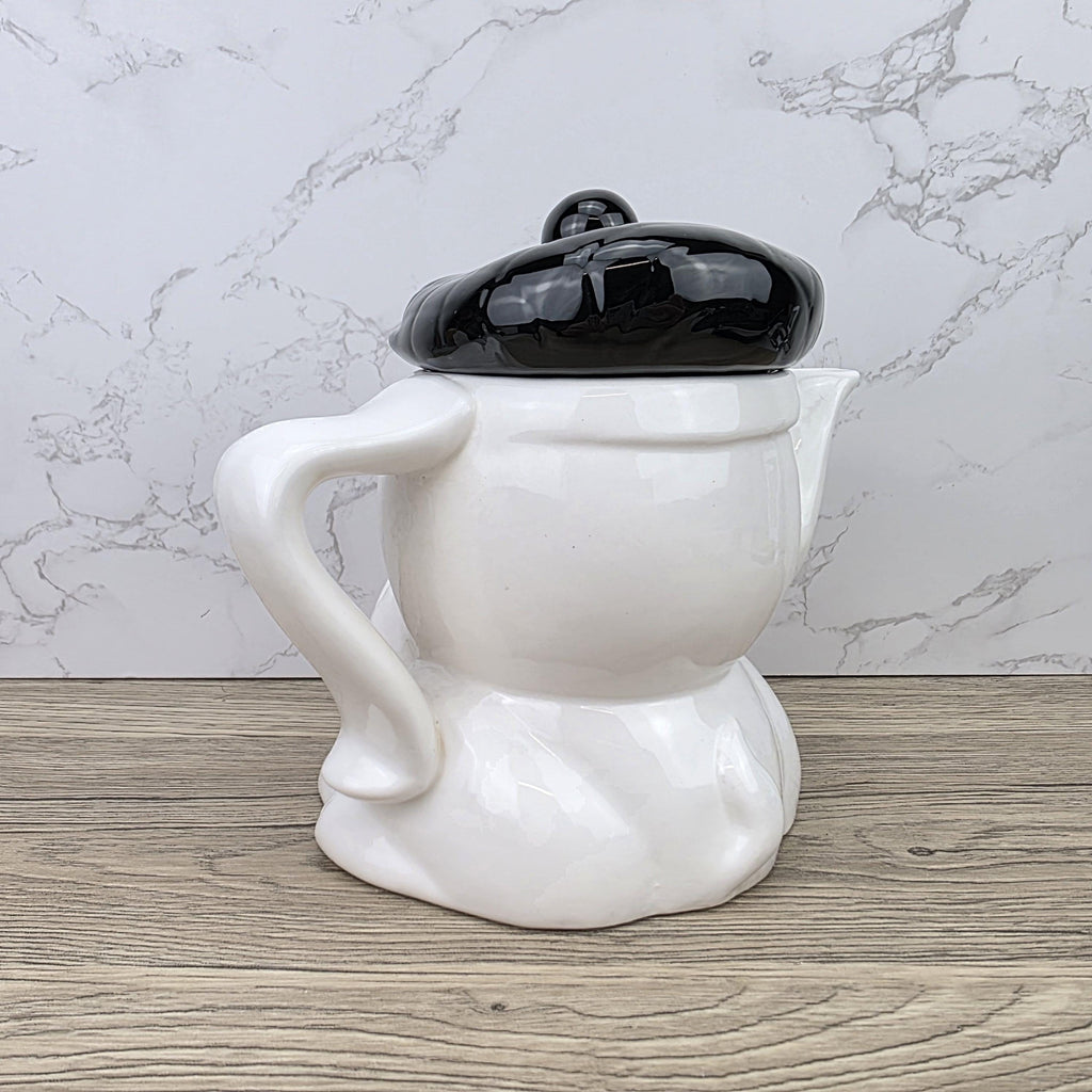 Dog Shaped Ceramic Teapot 1970s White Black Design Vintage Pottery Novelty Kitchen Collectible