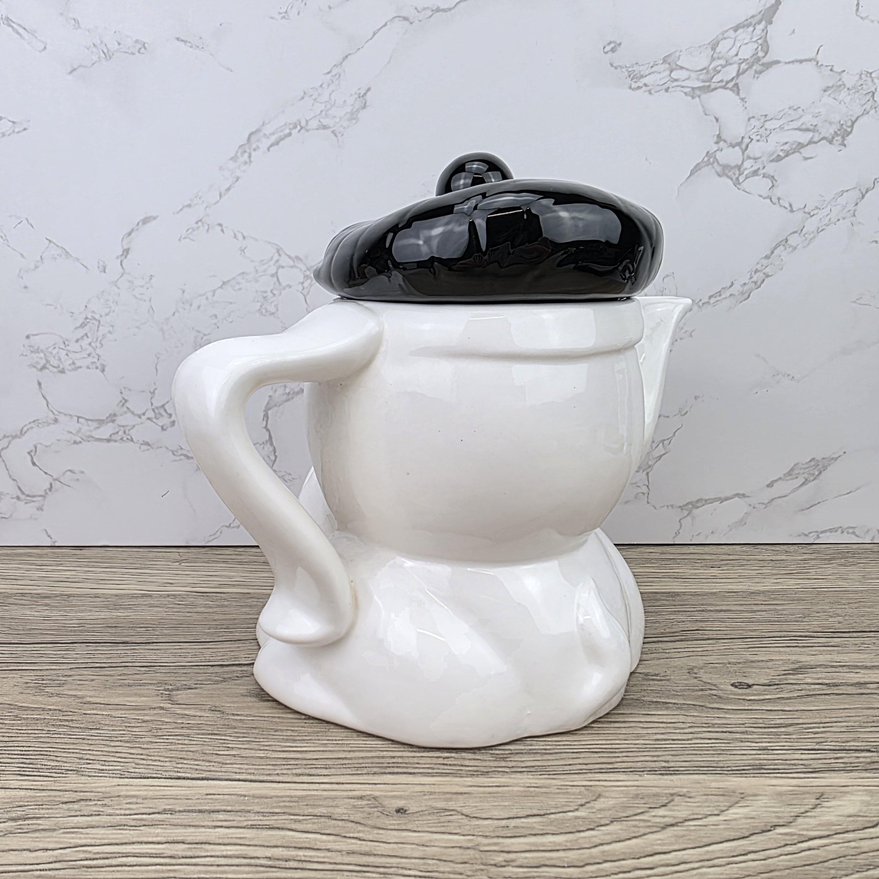 Dog Shaped Ceramic Teapot 1970s White Black Design Vintage Pottery Novelty Kitchen Collectible