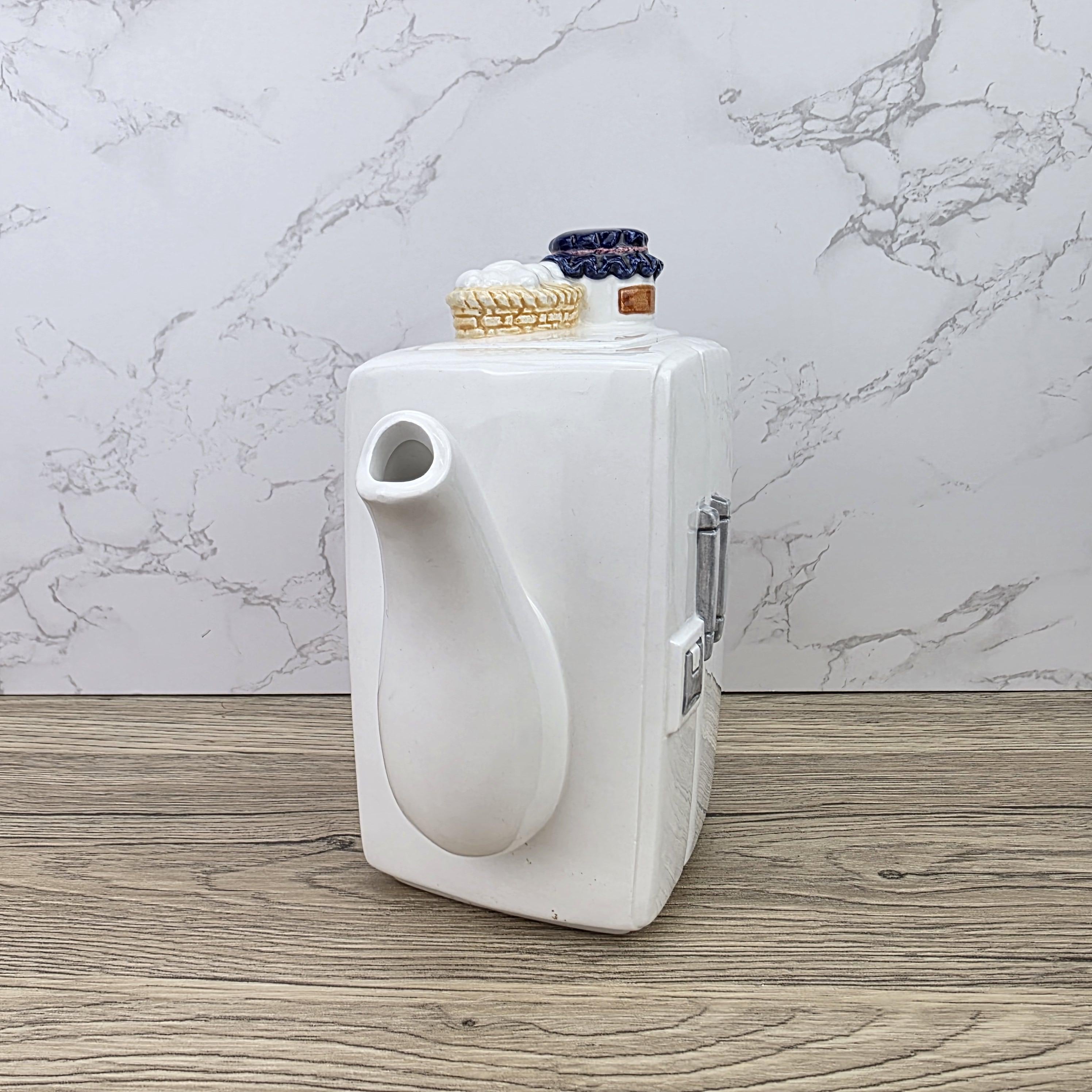 Ceramic Retro Refrigerator Teapot with Jam Lid Design | Vintage Kitchen Decor Collectible Display Piece