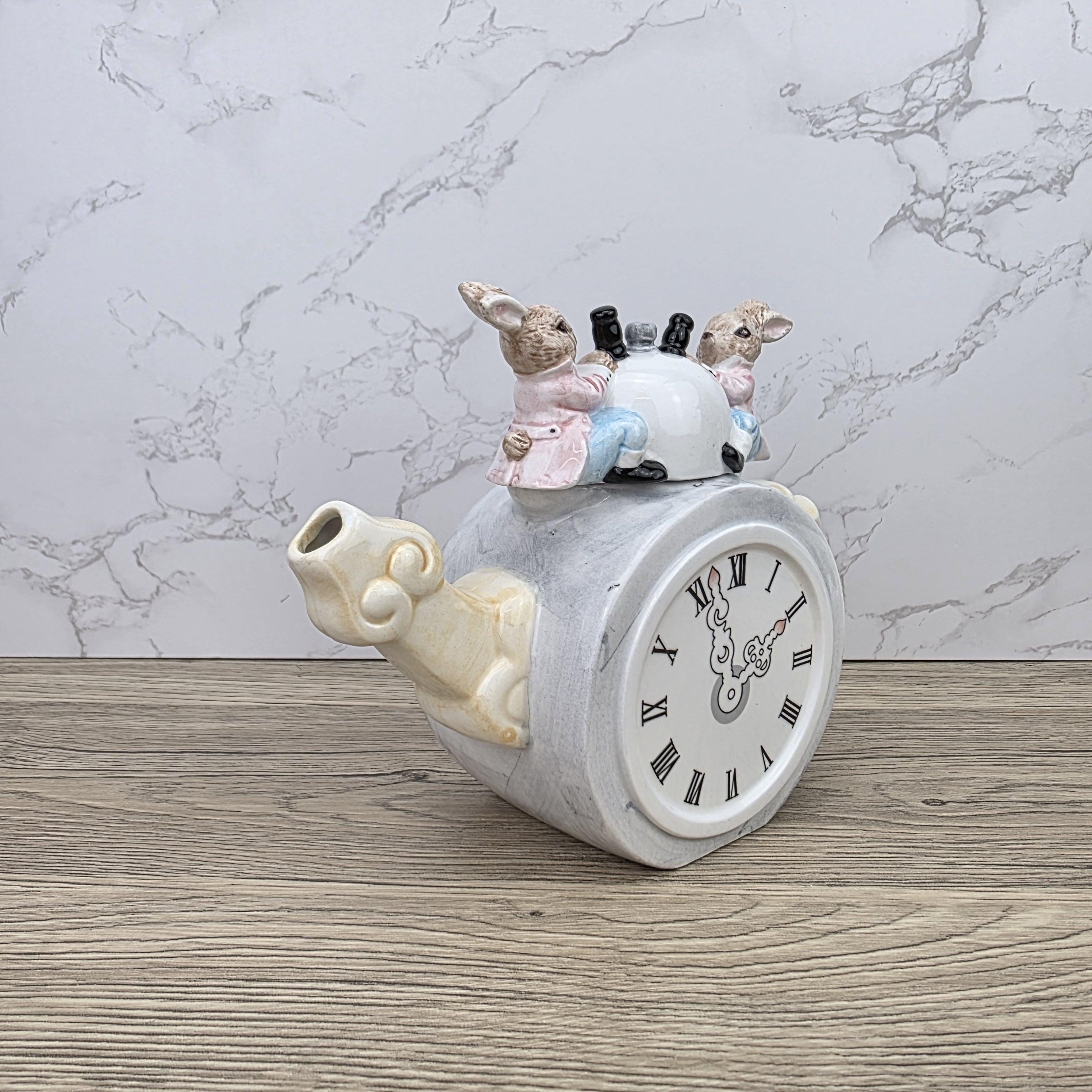 Leonardo Ceramic Bunny Clock Teapot with Wind-Up Detail | Decorative Collectible Display Piece