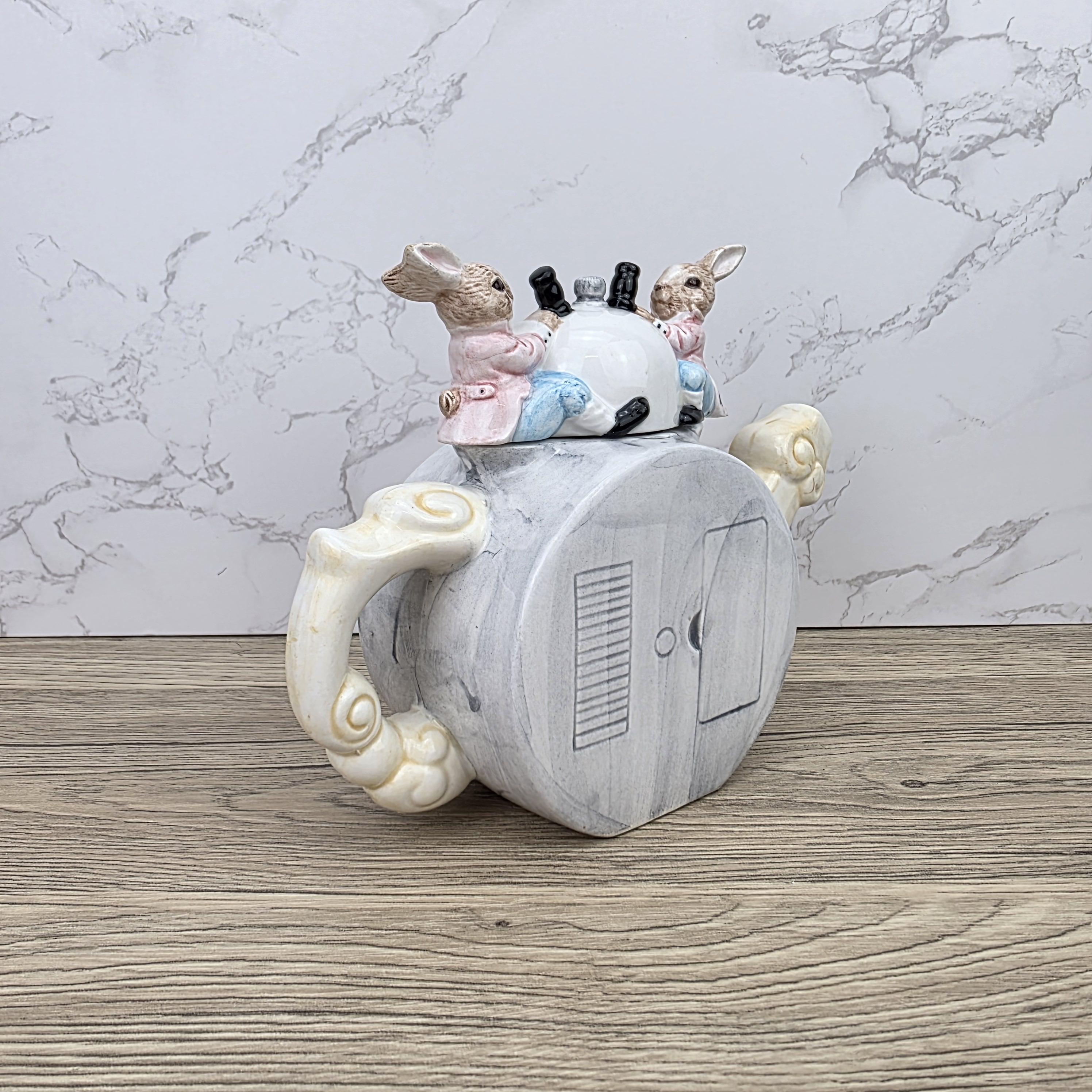 Leonardo Ceramic Bunny Clock Teapot with Wind-Up Detail | Decorative Collectible Display Piece