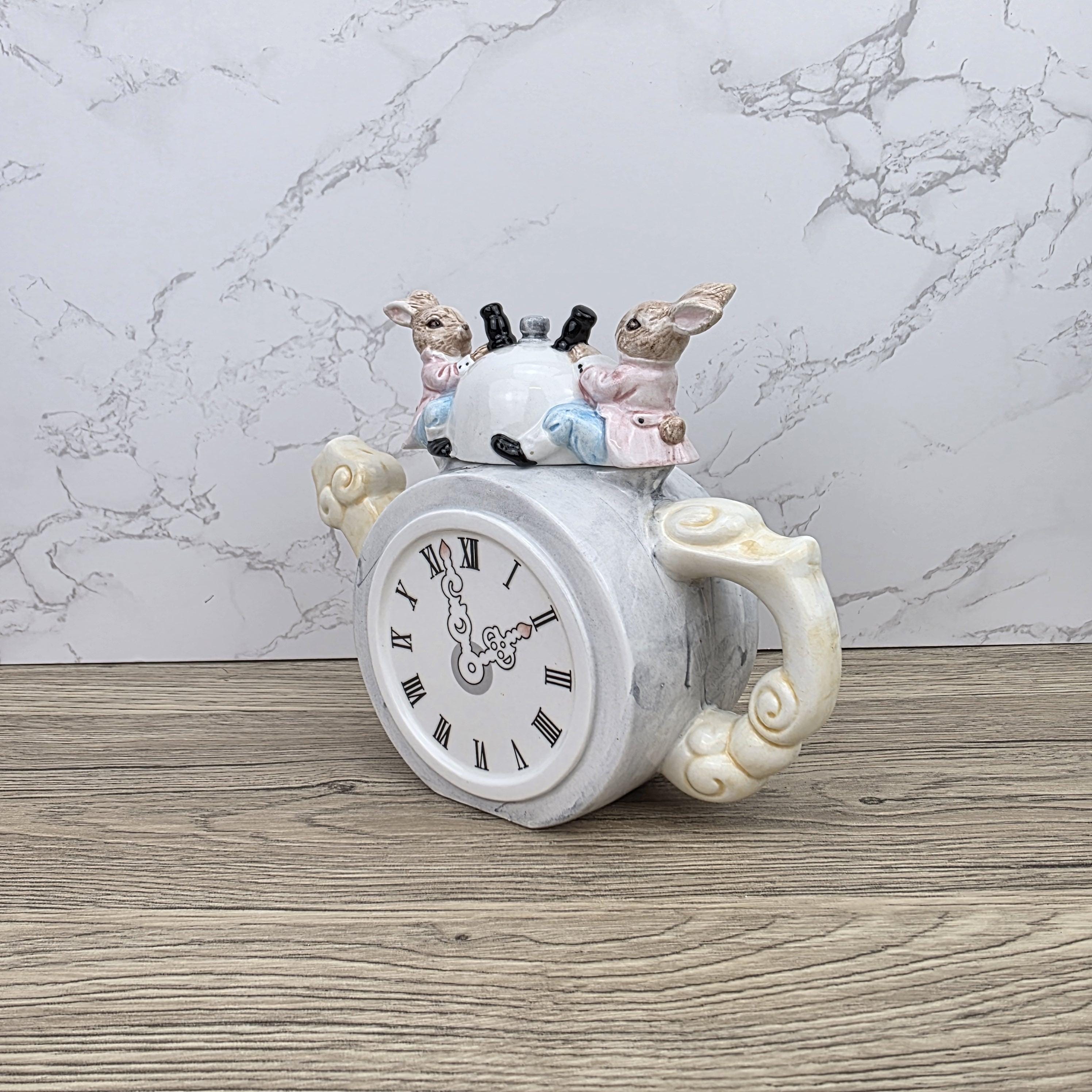 Leonardo Ceramic Bunny Clock Teapot with Wind-Up Detail | Decorative Collectible Display Piece