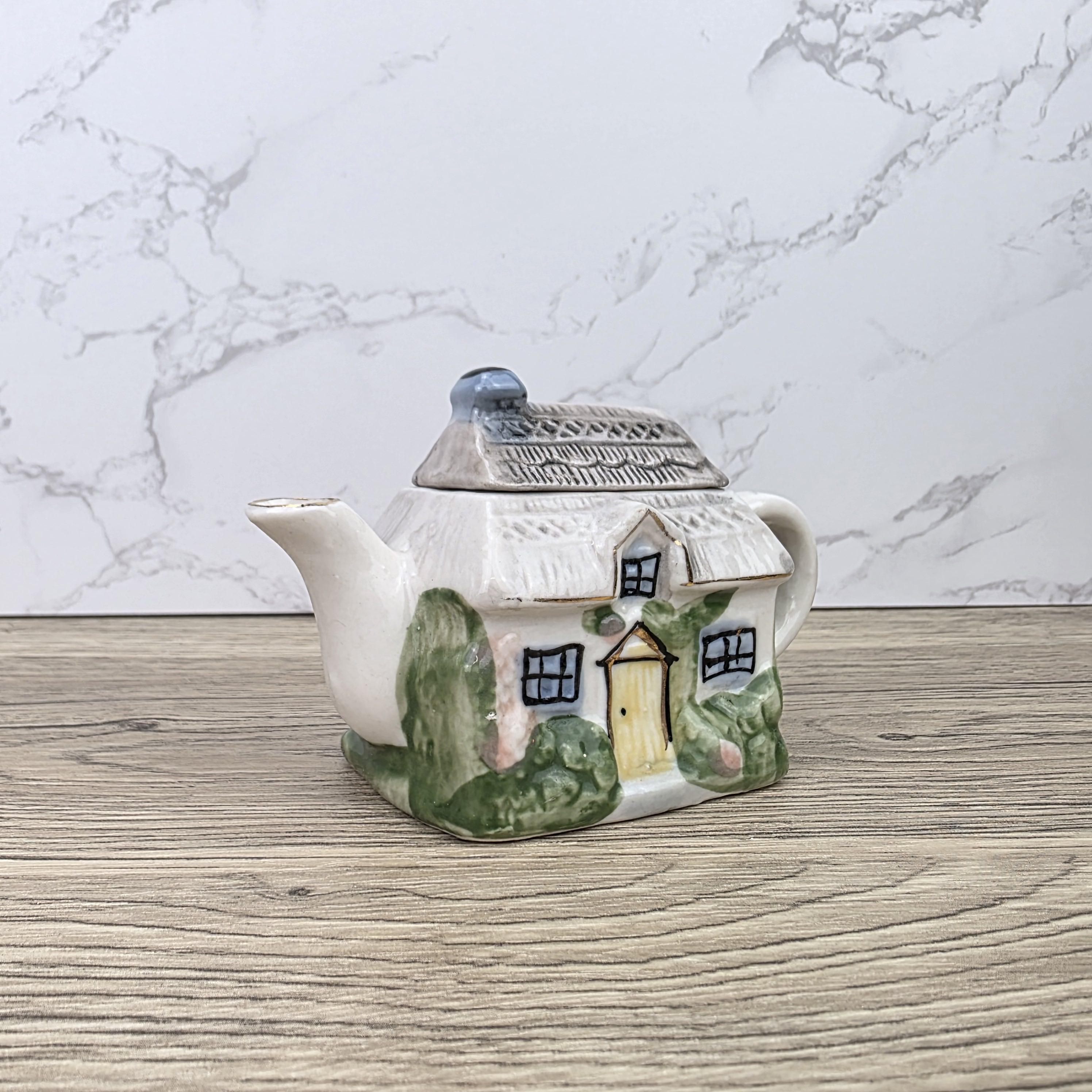 Vintage Cottage House Ceramic Teapot with Garden Details | Decorative Miniature Country Home Pot