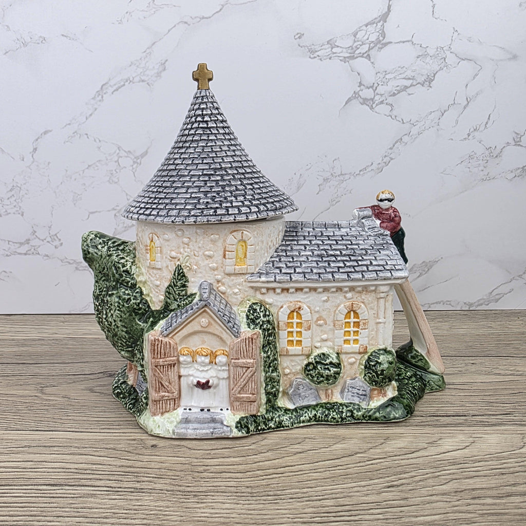 Leonardo Ceramic Church Chapel Teapot with Stone Tower Details | Decorative Collectible Display Piece
