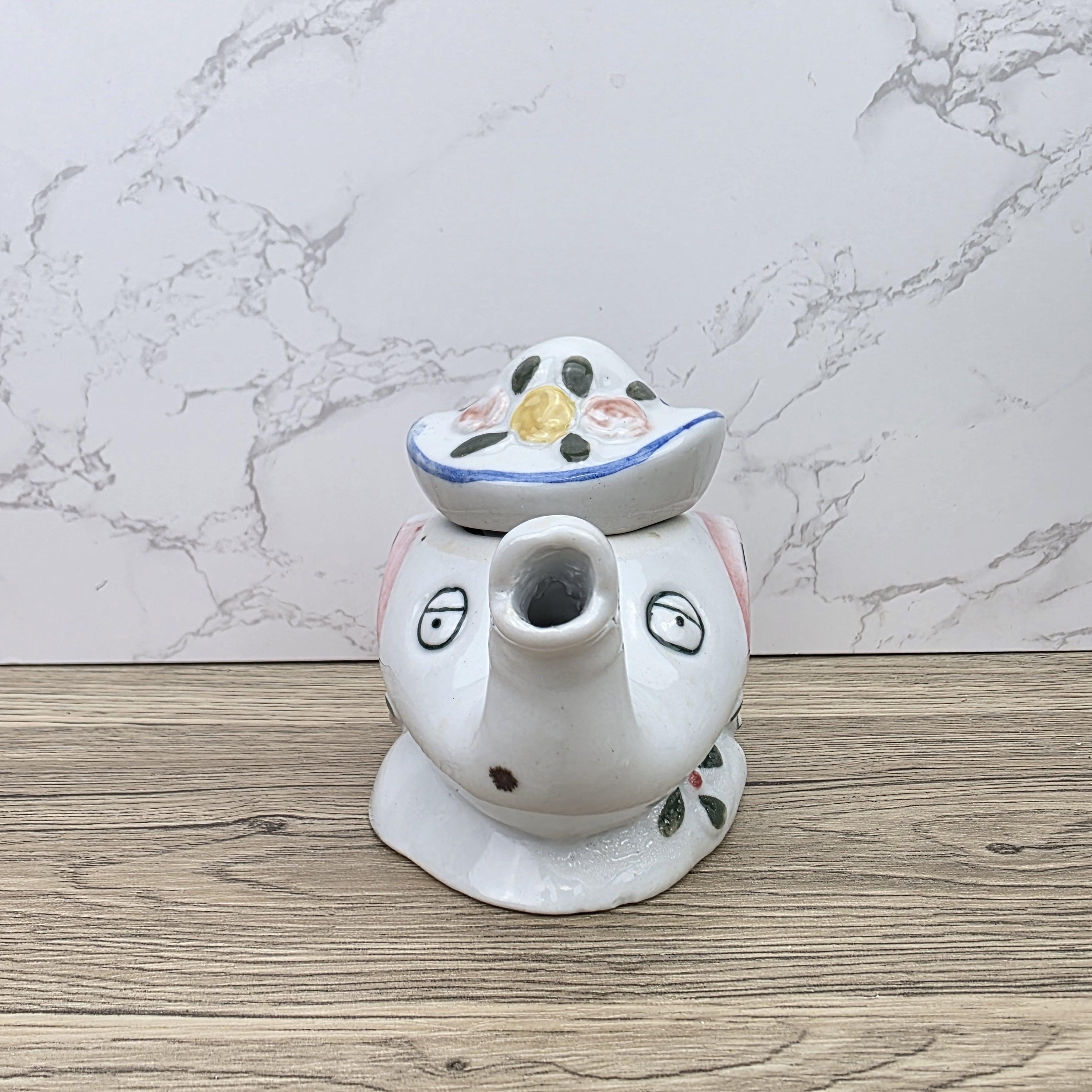 Antique Elephant Teapot White Ceramic Animal Folk Art Collectible Mid Century Tableware Figural